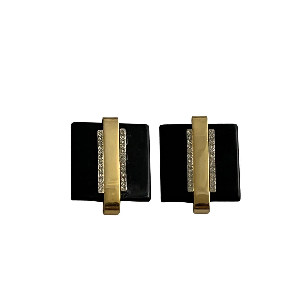 Vintage Art Deco Clip‑On Earrings – Black Bakelite, Rhinestone & Gold Tone, Oversized 1.5 inches