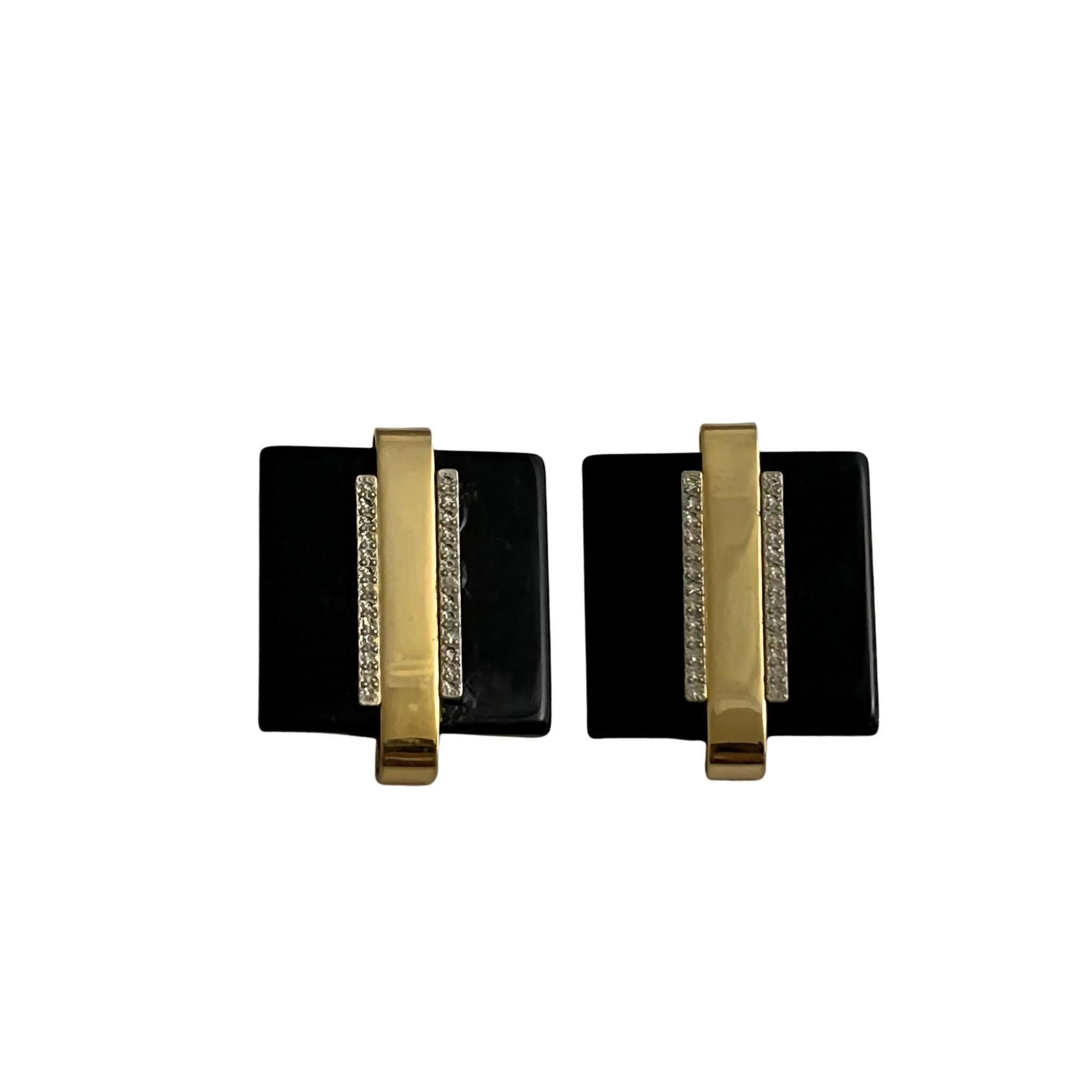 Vintage Art Deco Clip‑On Earrings – Black Bakelite, Rhinestone & Gold Tone, Oversized 1.5 inches