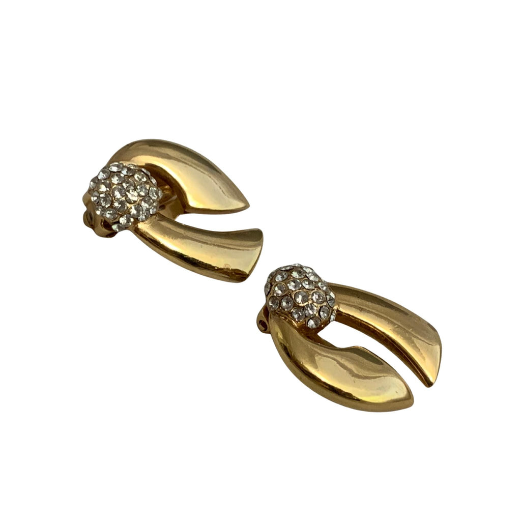 Vintage P&M Paris Gold-Plated Couture Clip-On Earrings – Crystal Encrusted, Designer Stamped