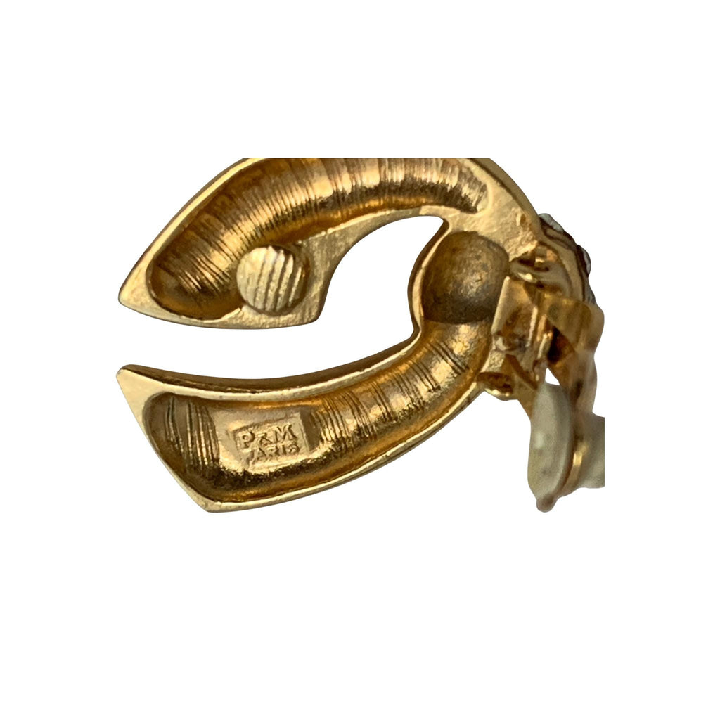 Vintage P&M Paris Gold-Plated Couture Clip-On Earrings – Crystal Encrusted, Designer Stamped