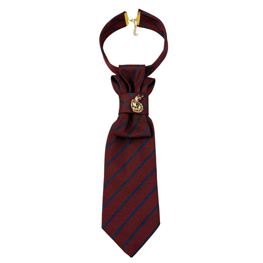 Hand Reworked Zegna tie in maroon/burgundy with a navy stripe - original tie made in Italy - One of a kind design with vintage pin