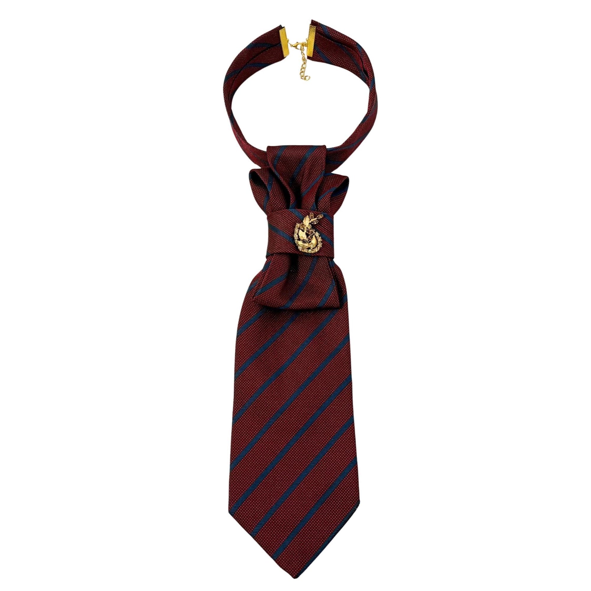 Hand Reworked Zegna tie in maroon/burgundy with a navy stripe - original tie made in Italy - One of a kind design with vintage pin