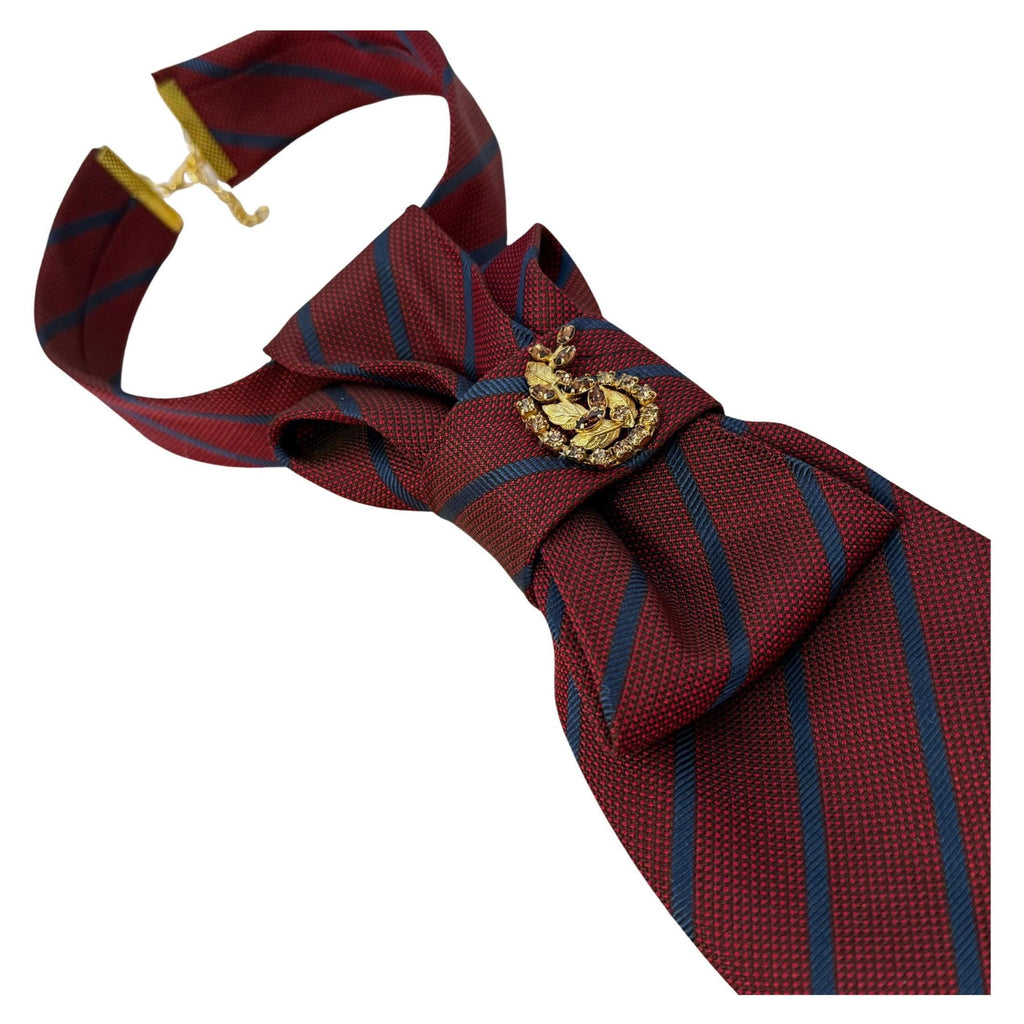 Zegna Silk Crossover Tie for Women - Dark Academia Statement Necktie - Burgundy & Navy Striped Butterfly Fashion Tie jacquard silk tie Zegna