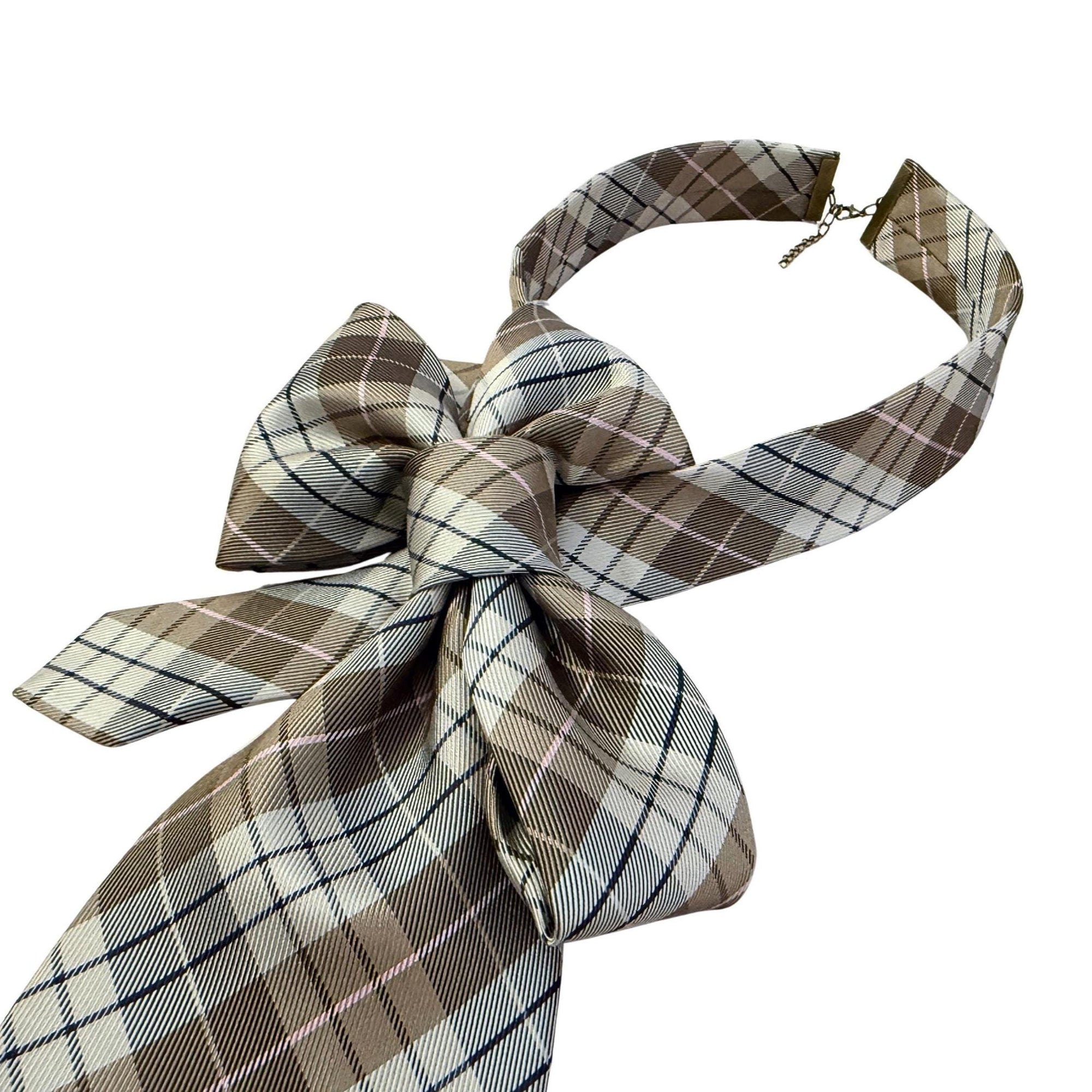 Hand-Worked Andrew Zadi Milano Silk Tie - Reworked Women's Oversized Bow Tie - Upcycled Italian Designer Plaid Necktie - Made in Italy