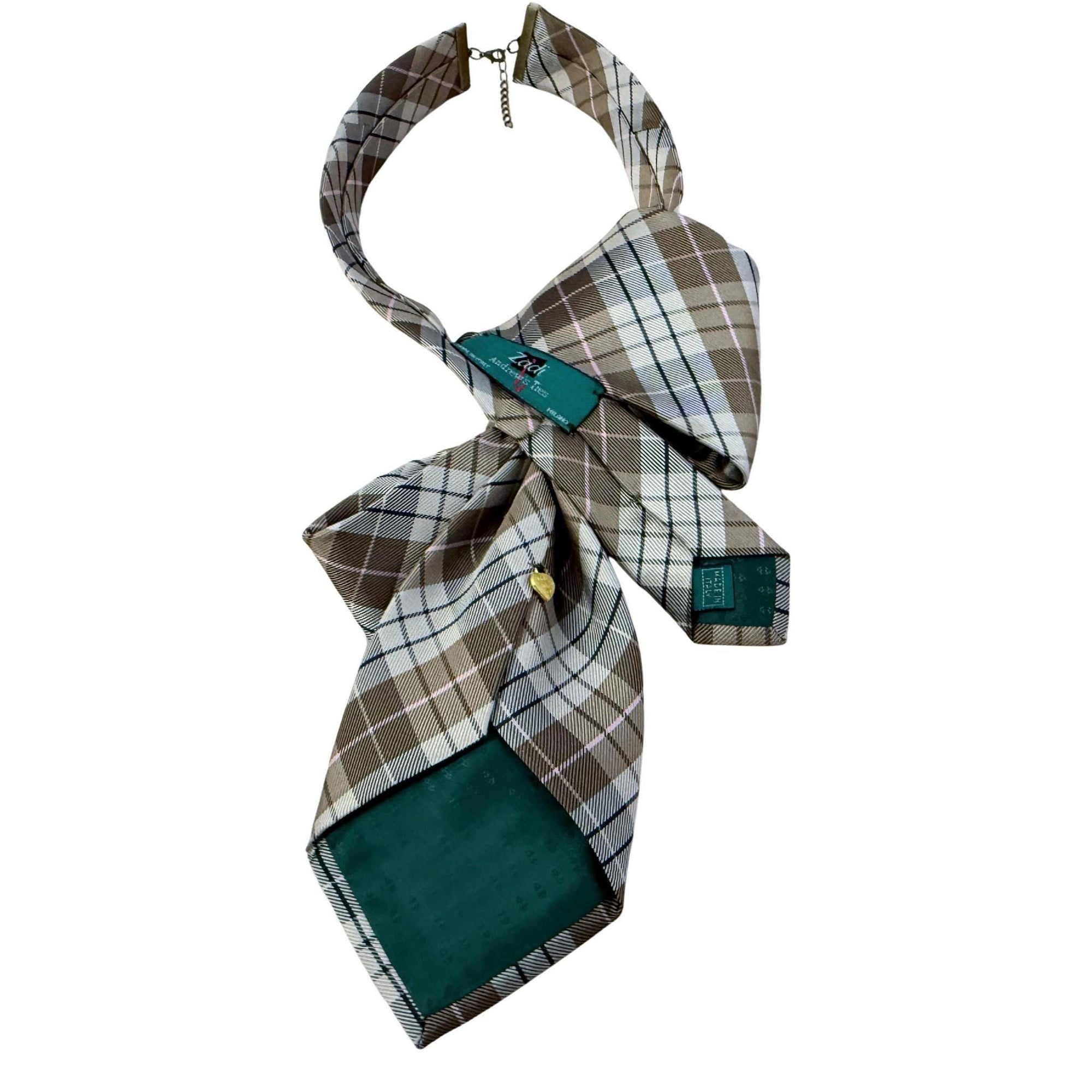 Hand-Worked Andrew Zadi Milano Silk Tie - Reworked Women's Oversized Bow Tie - Upcycled Italian Designer Plaid Necktie - Made in Italy