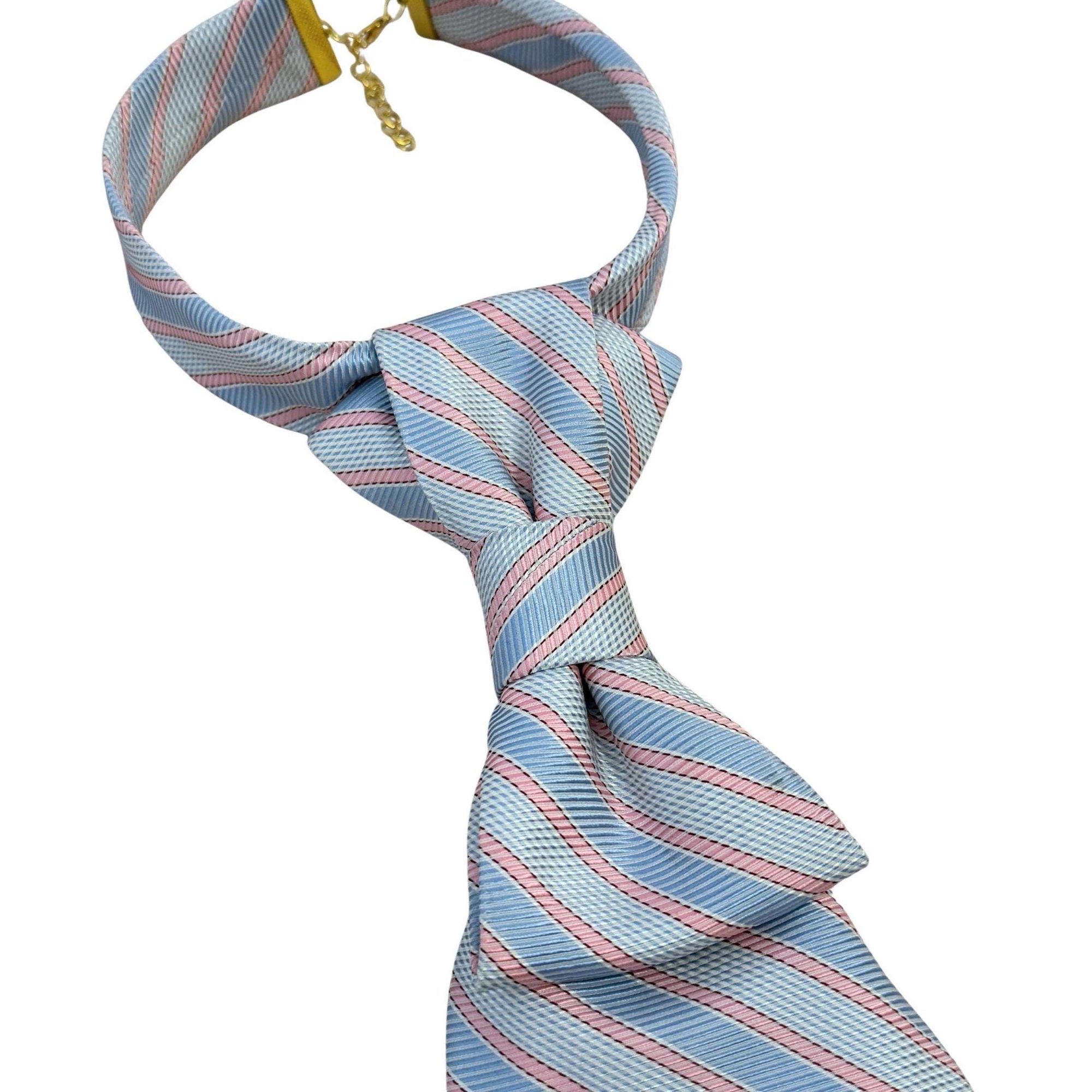 Sustainable fashion accessory: A handmade women’s butterfly-style necktie made from a vintage Altea designer tie featuring an Multi-tonal stripe pattern.