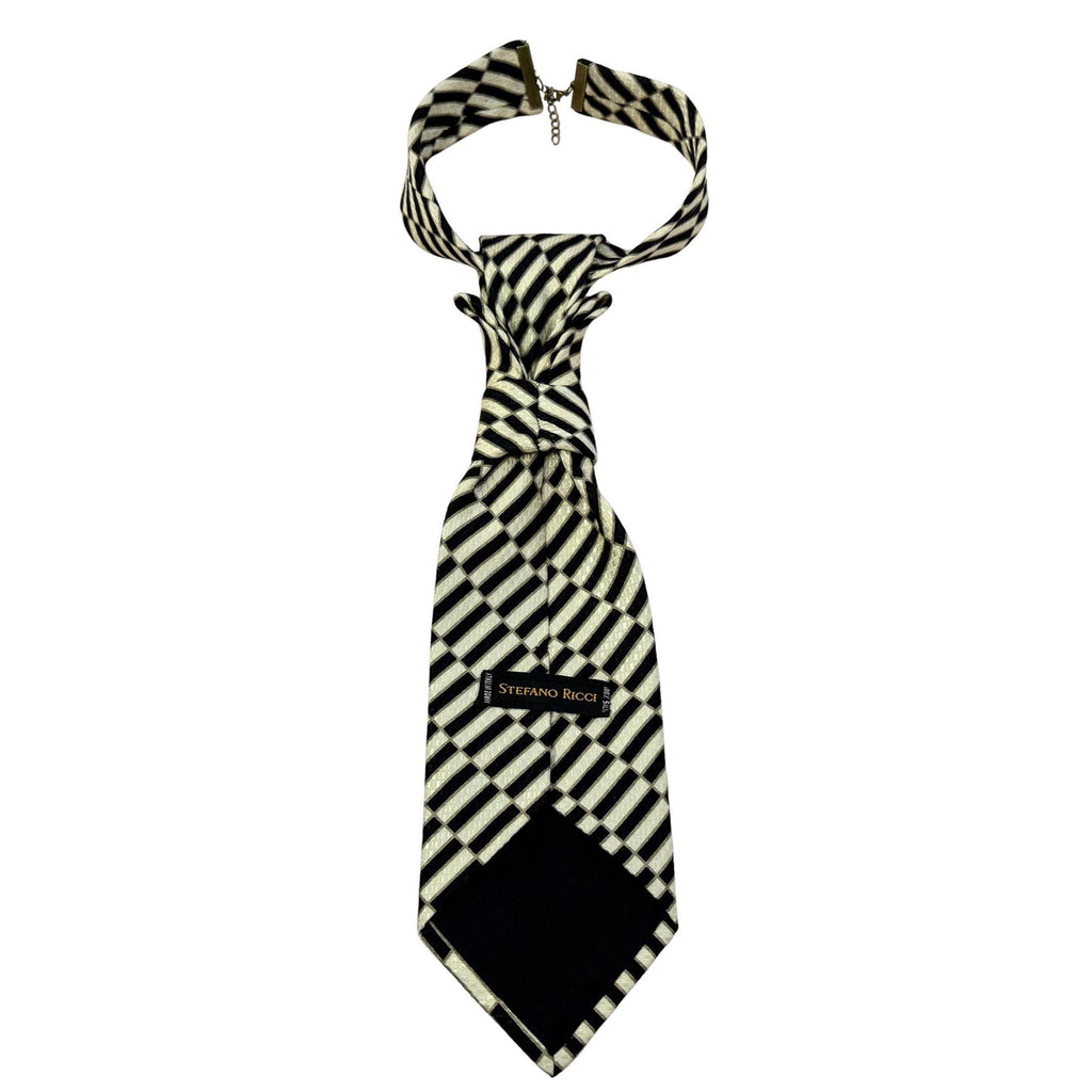 STEFANO RICCI Refashioned Tie - Cream & Black Statement Necktie for Women - Luxury Geometric Hand styled Tie - Bespoke Italian Silk
