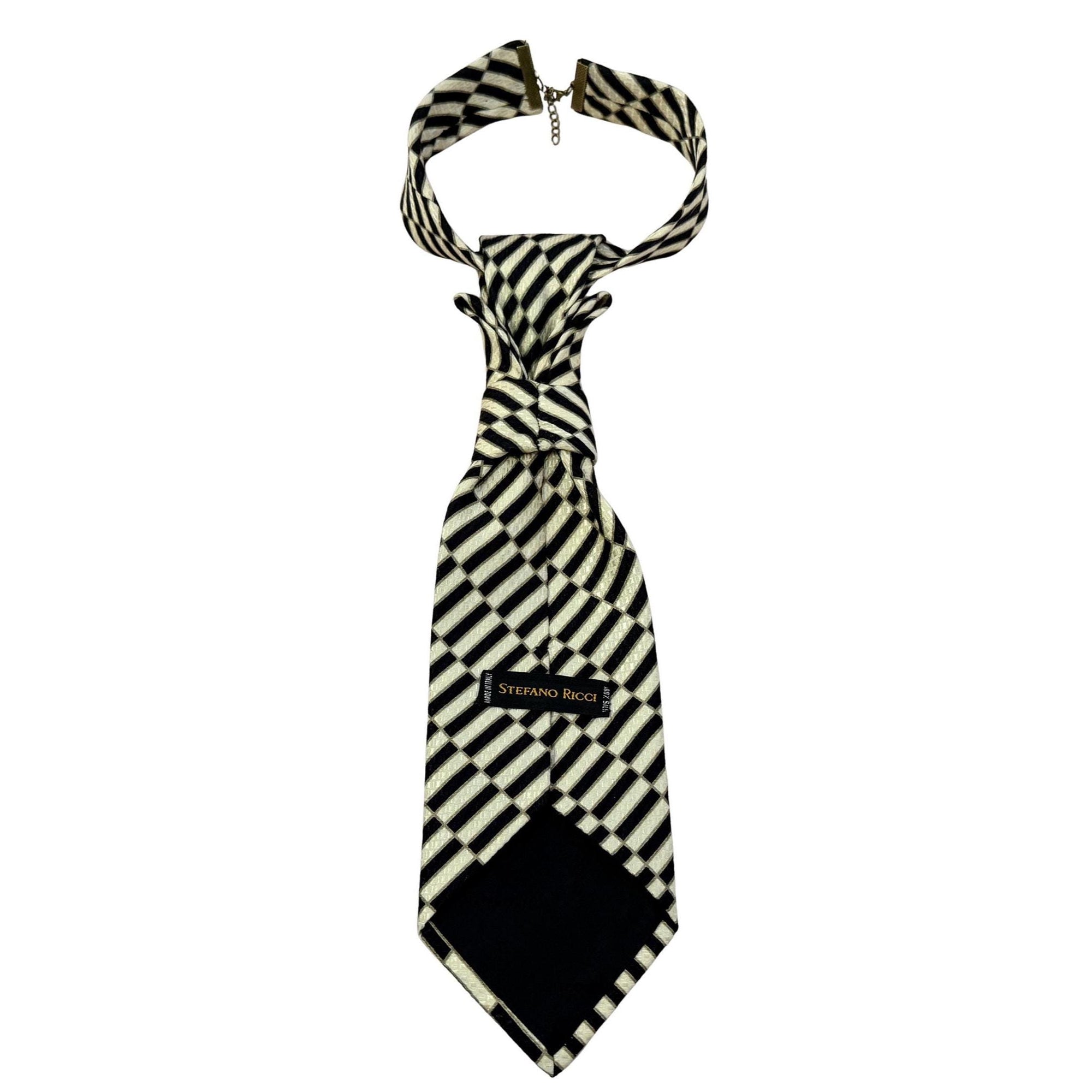 STEFANO RICCI Refashioned Tie - Cream & Black Statement Necktie for Women - Luxury Geometric Hand styled Tie - Bespoke Italian Silk