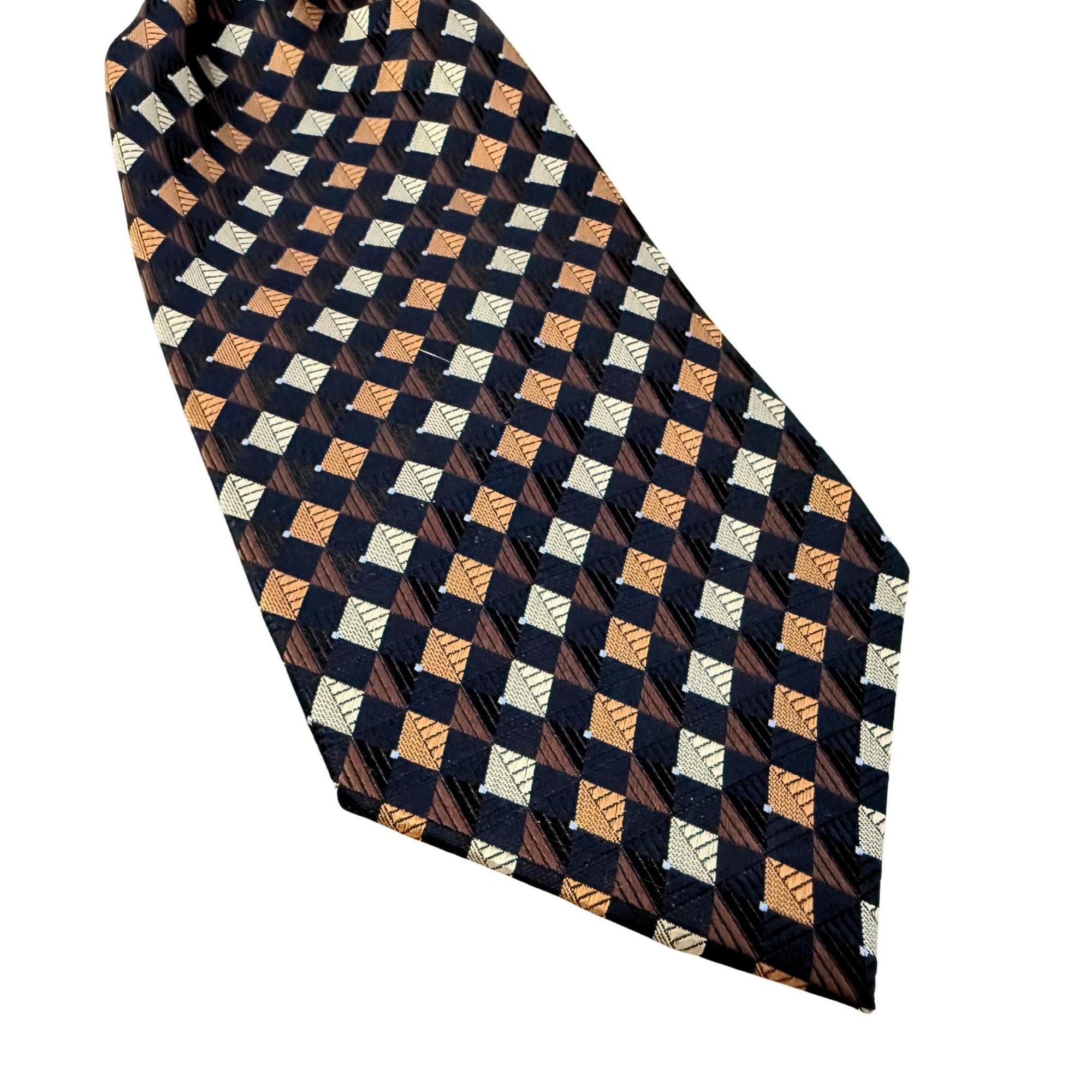 A repurposed silk black Valerio Galati silk jacquard tie reworked into a women's continental crossover tie with an adjustable chain.