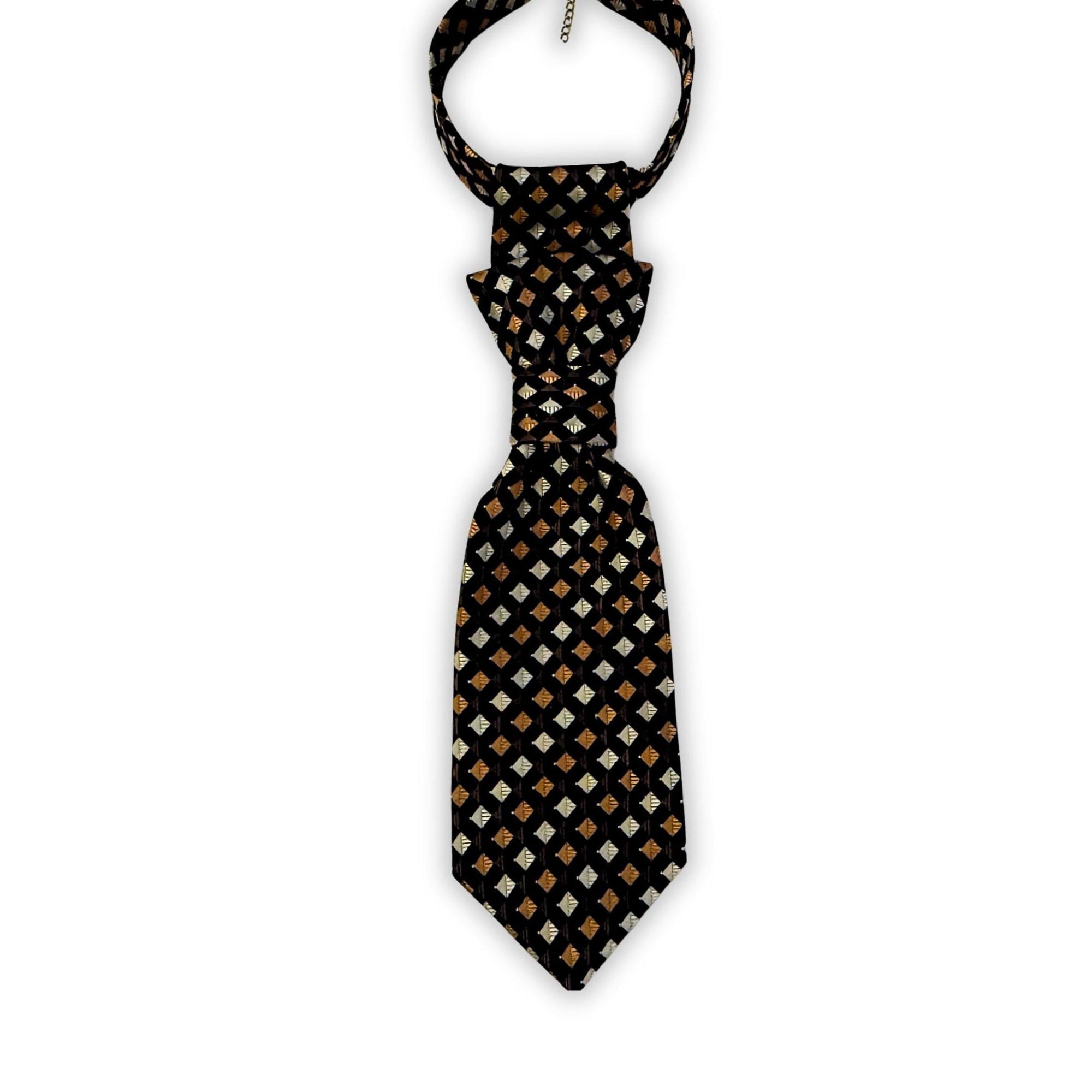 Sustainable fashion accessory: A handmade women’s  necktie made from a vintage Valerio Galati designer tie featuring a textured beige and amber tonal pattern.