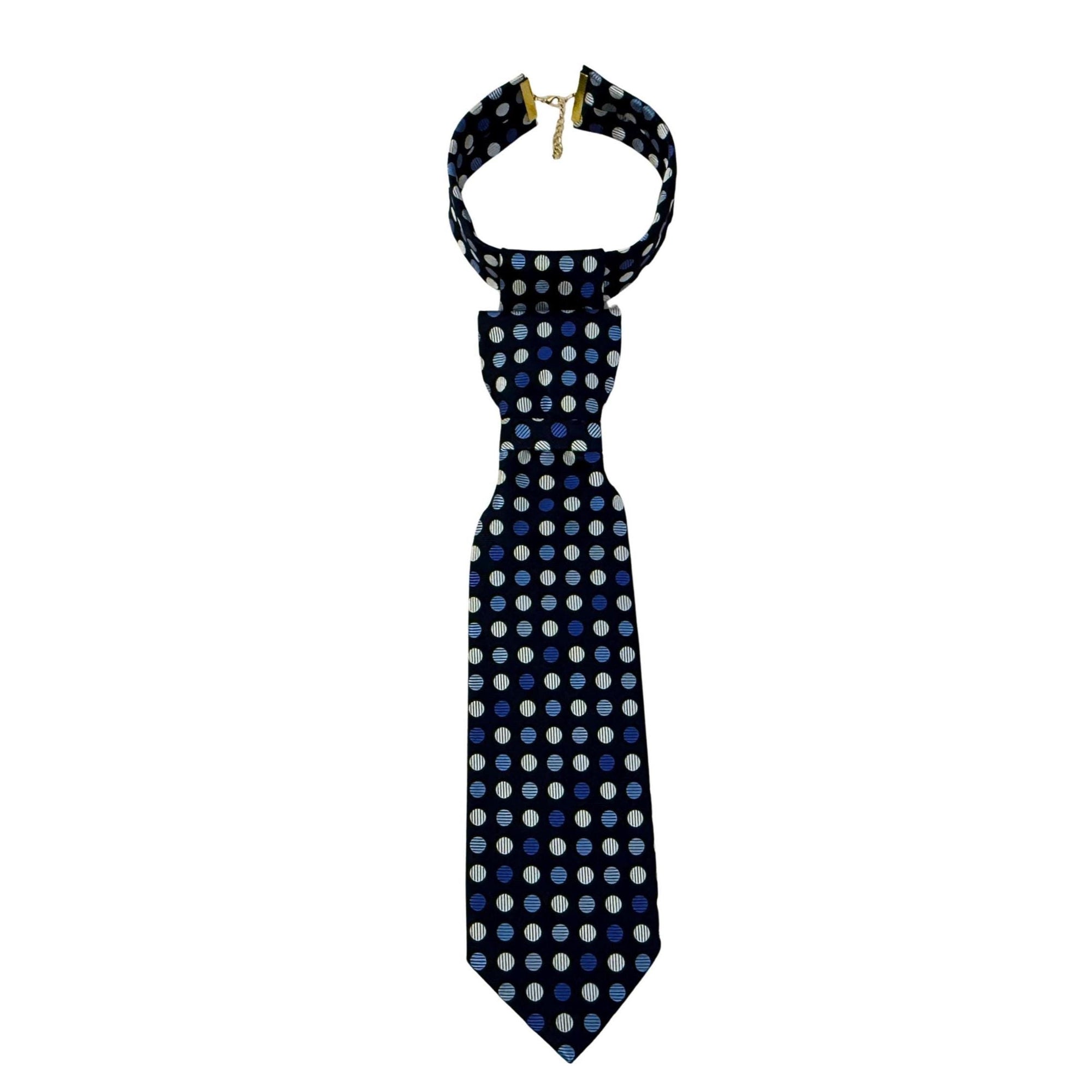 A hand-styled women's necktie made from upcycled Hilditch & Key silk, displayed on a light background to highlight the rich navy and sky blue tones.