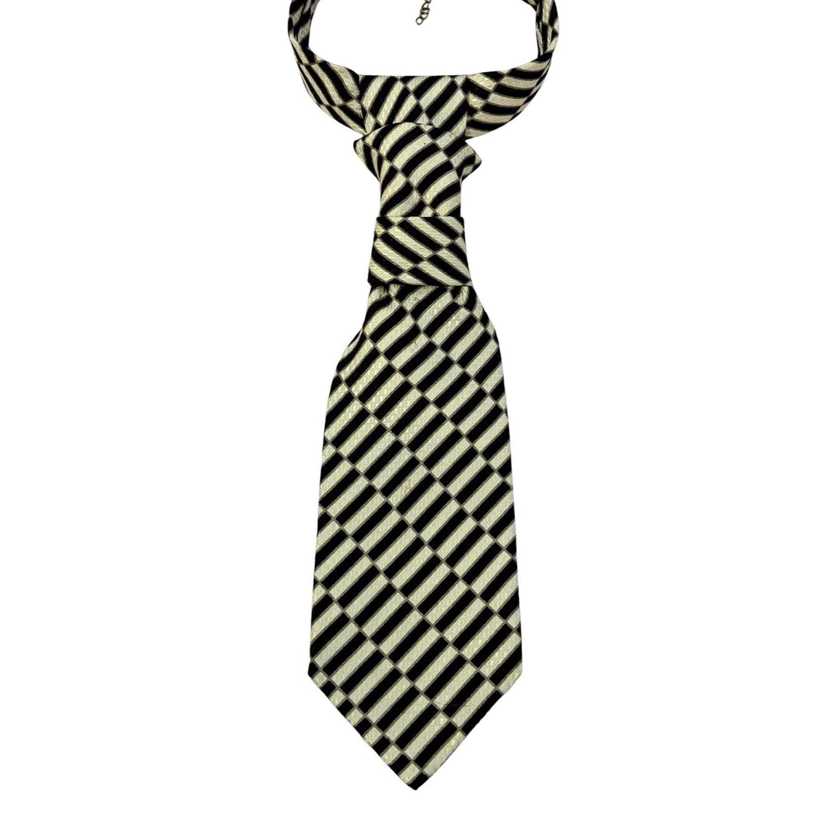 A repurposed gold and black geometric Stefano Ricci silk tie reworked into a women's continental crossover tie with an adjustable gold chain.