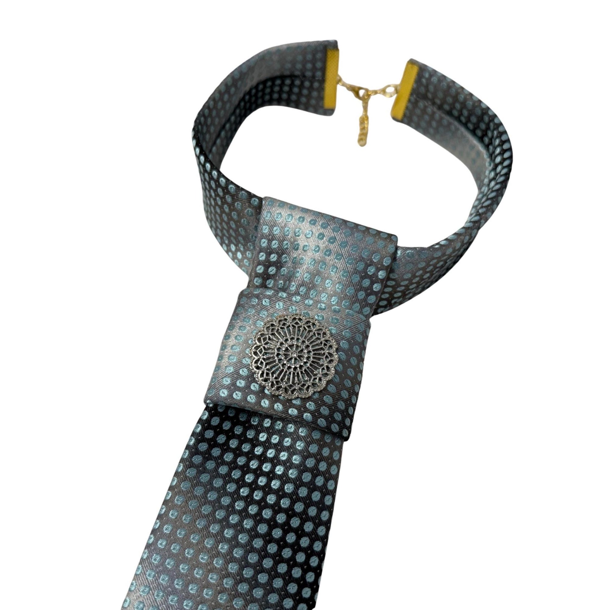 Statement Tie for Women - Grey and Aqua Gradient Medallion Necktie - Gothic Victorian Reworked Accessory - Bespoke Noir Gift