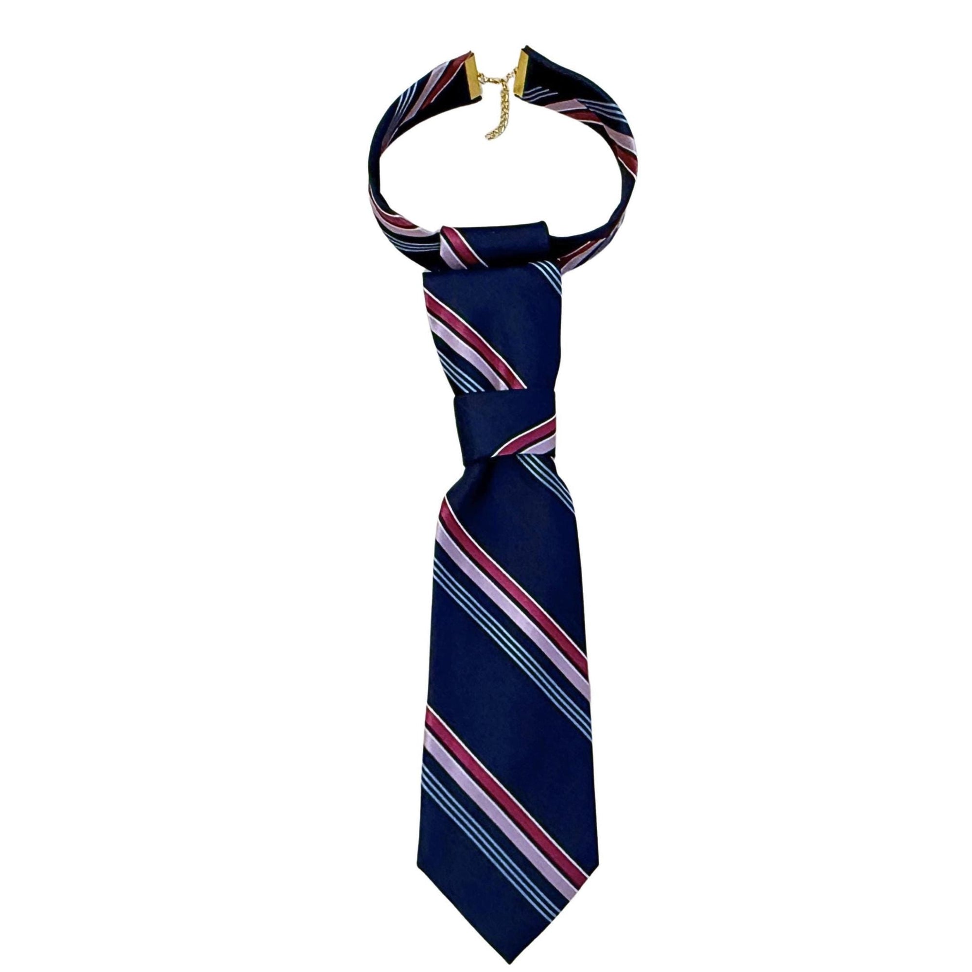 A hand-styled women's necktie made from upcycled Michael Kors silk, displayed on a white background to highlight the rich navy and berry tones.