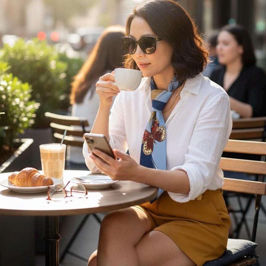 RENE DE DEAUVILLE Tie for Women - Vintage French Reworked Tie - Blue Statement Accessory - Women Necktie - Sustainable Fashion