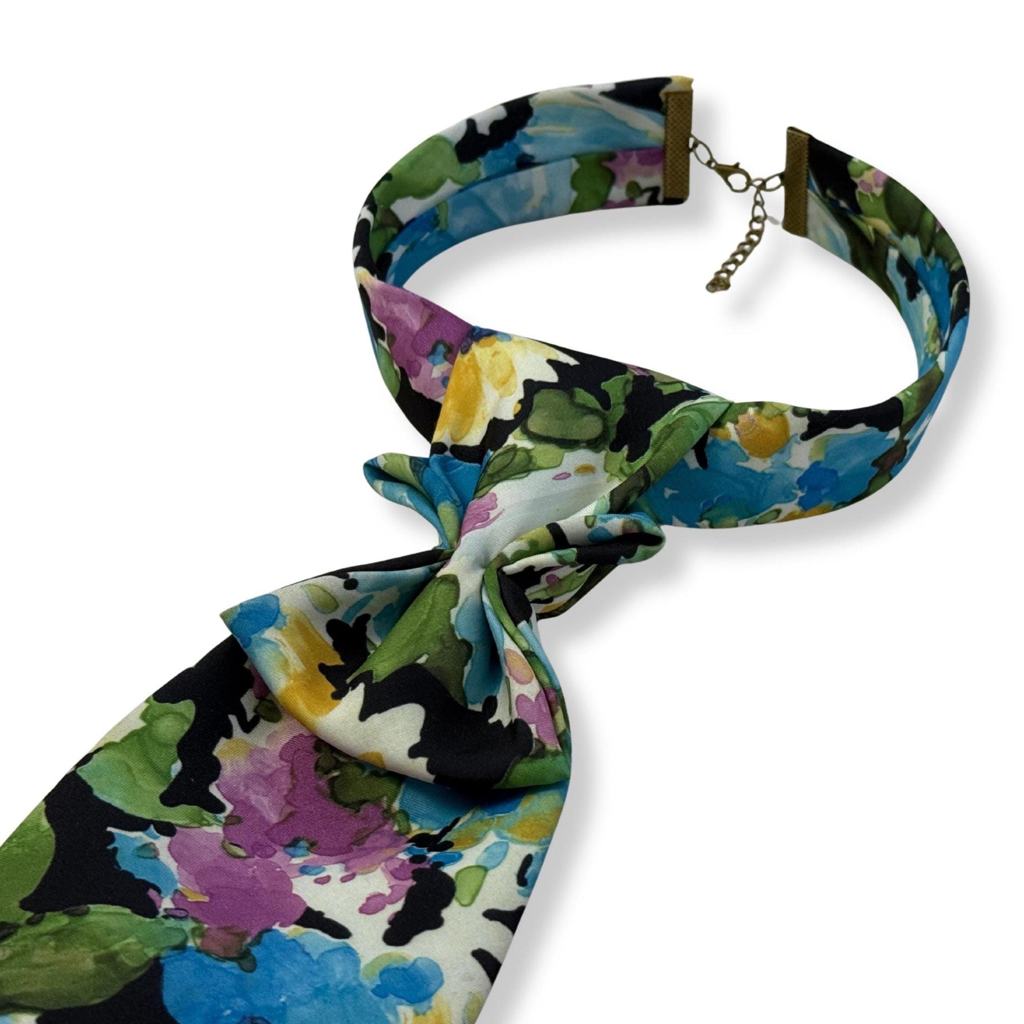 Ladies Tie - Vintage Floral Women’s Azure Blue Continental Crossover Tie - Upcycled Impressionist Painterly Necktie - handcrafted tie