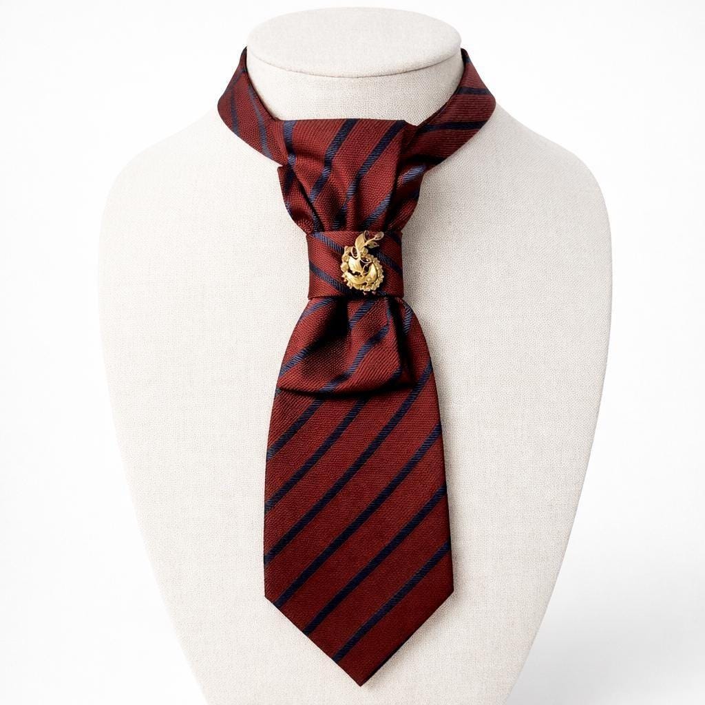 Zegna Silk Crossover Tie for Women - Dark Academia Statement Necktie - Burgundy & Navy Striped Butterfly Fashion Tie jacquard silk tie Zegna