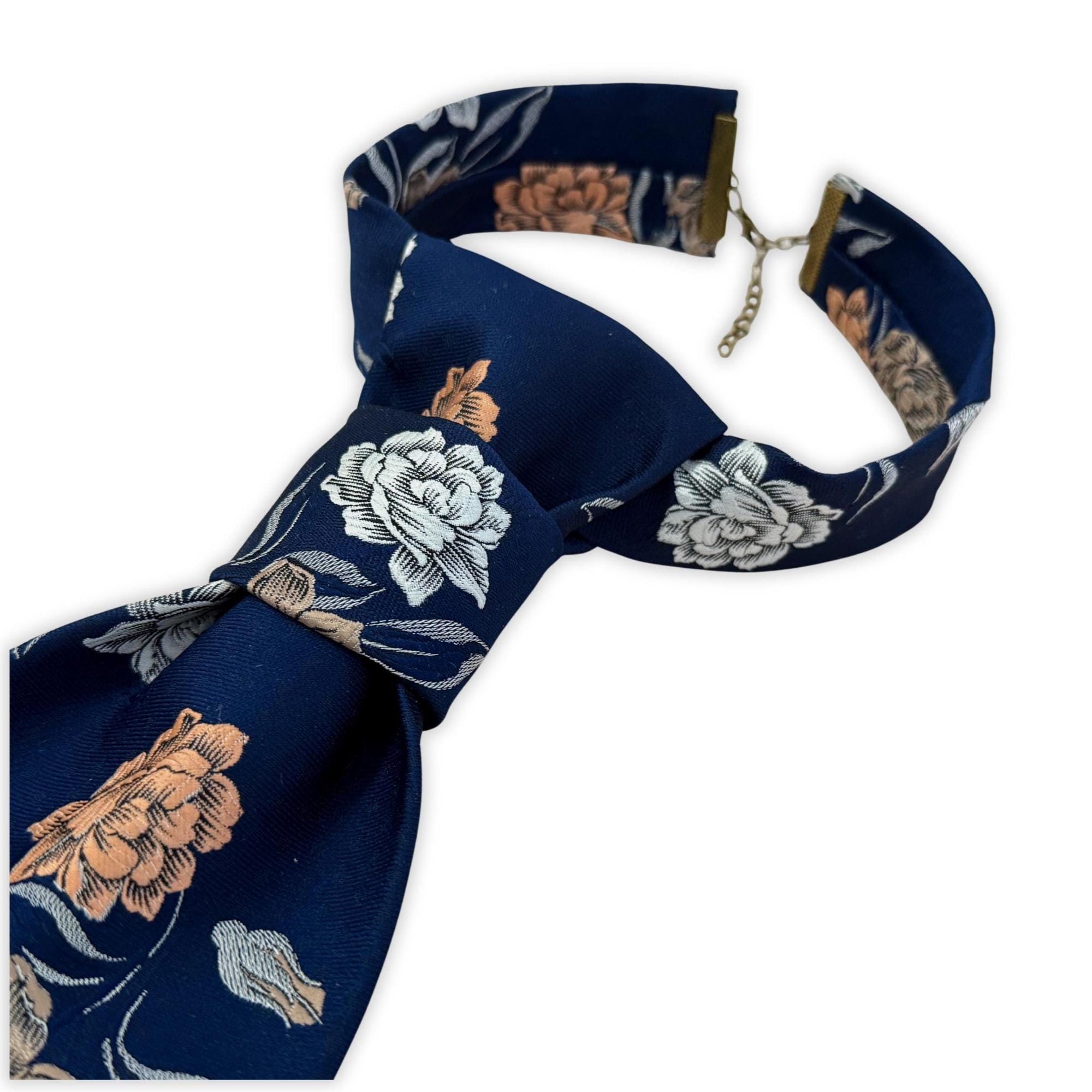 1970s Floral Tie for Women - Fashion Statement Necktie - Navy Blue Reworked Disco Era Tie - Adjustable Neckband - Sustainable fashion