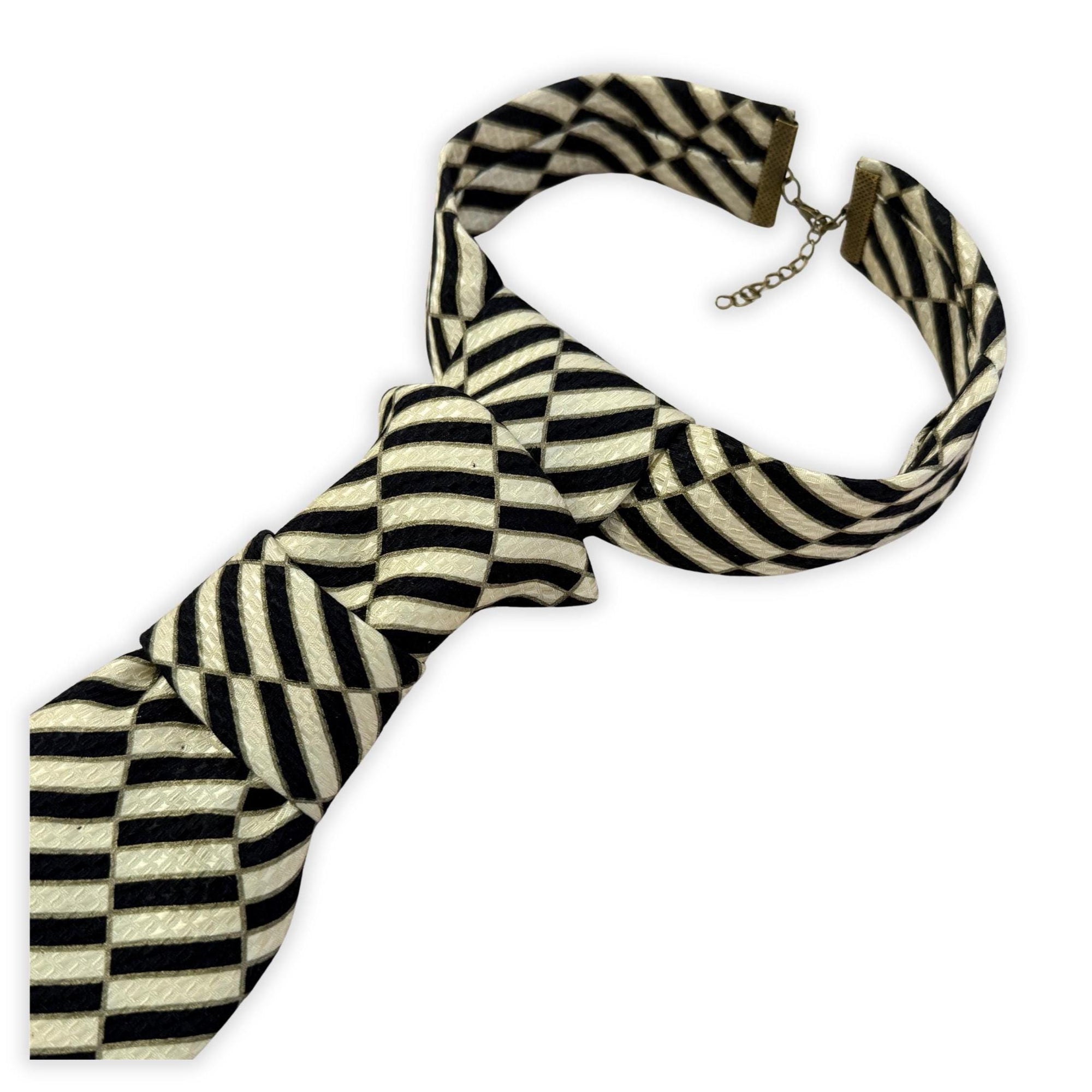 STEFANO RICCI Refashioned Tie - Cream & Black Statement Necktie for Women - Luxury Geometric Hand styled Tie - Bespoke Italian Silk