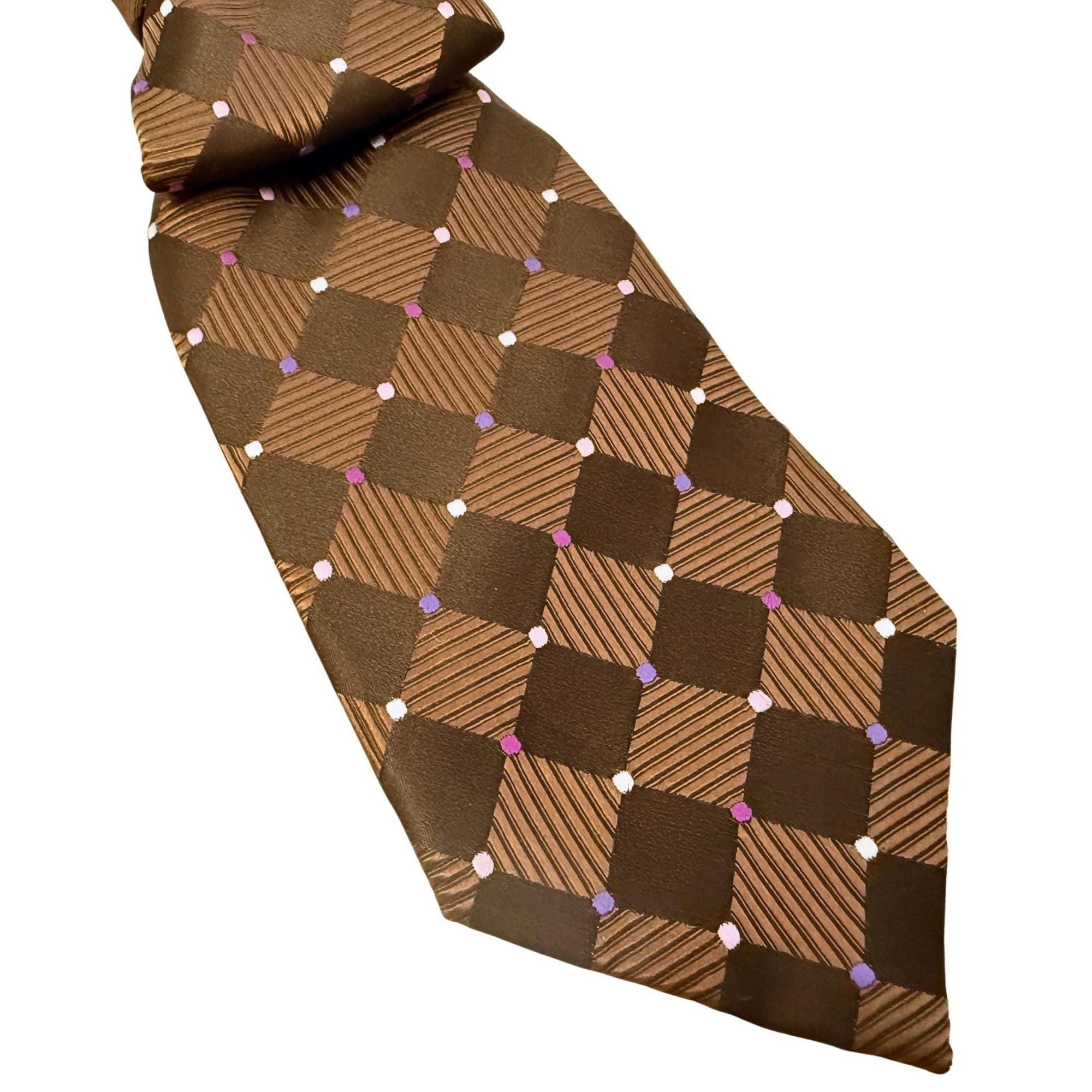 Close-up of a handmade women's geometric-style necktie made from a vintage Italian designer tie featuring textured bronze and white lattice weave.