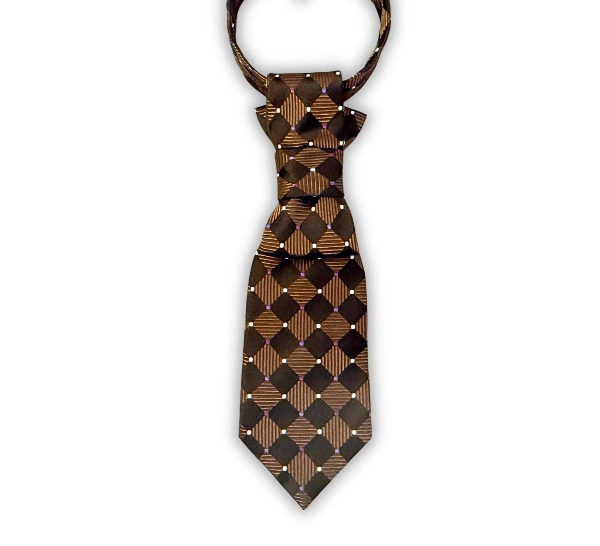 A repurposed espresso brown Enzo Feldini silk jacquard tie reworked into a women's tiered continental crossover style with a diamond pattern.