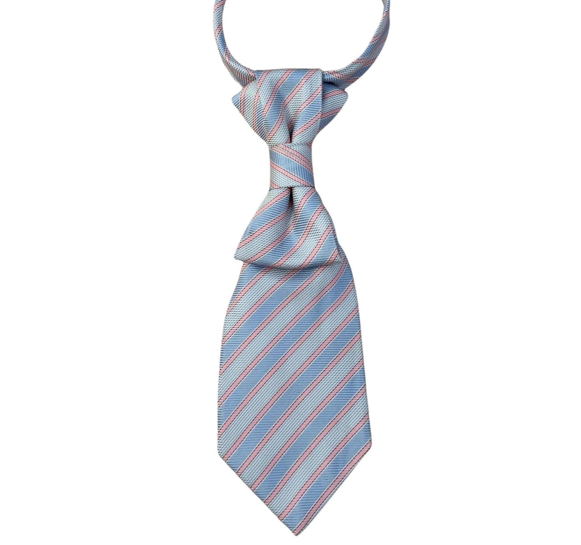 A repurposed baby blue and pink Altea Milano silk tie reworked into a women's continental crossover tie with a adjustable chain.