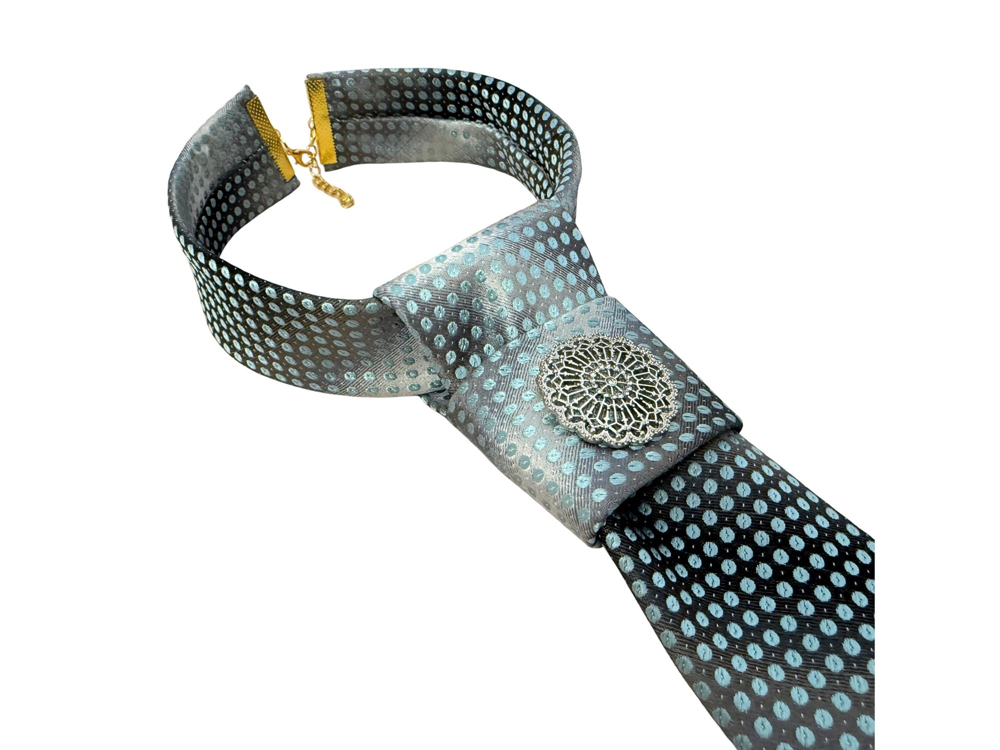 Statement Tie for Women - Grey and Aqua Gradient Medallion Necktie - Gothic Victorian Reworked Accessory - Bespoke Noir Gift