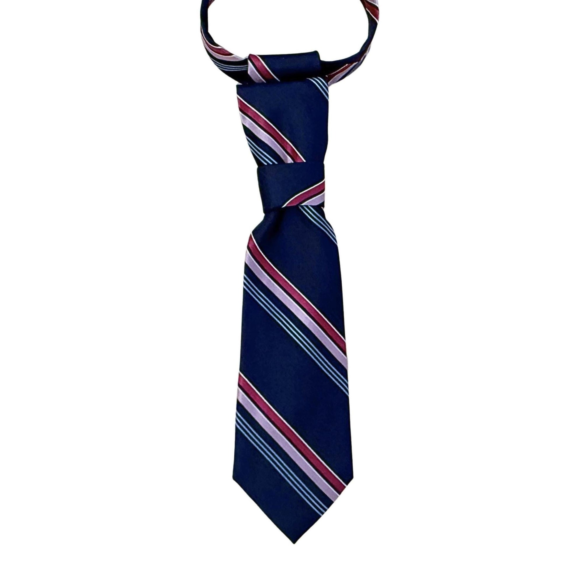 A repurposed navy and berry striped Michael Kors silk tie reworked into a women's continental crossover tie with an adjustable gold-tone chain.