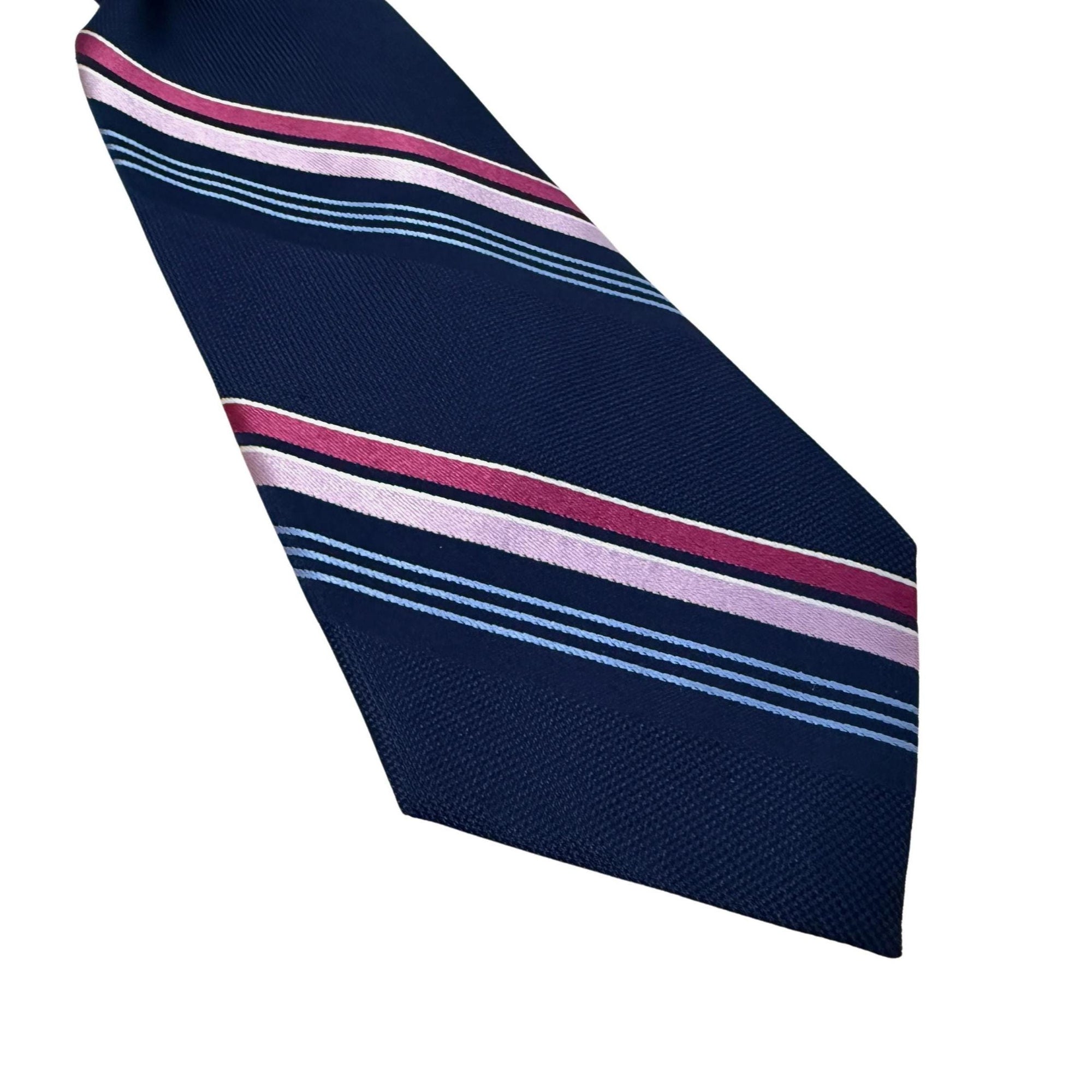 Flat lay of a handmade women’s butterfly-style necktie made from a vintage Michael Kors designer tie featuring diagonal burgundy and lavender stripes.