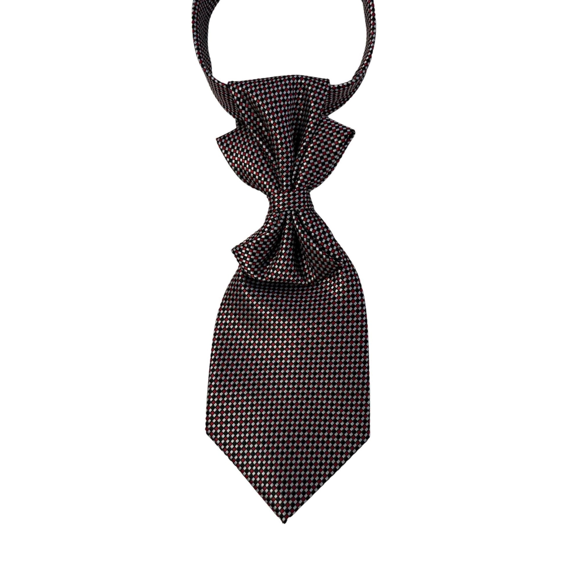 A repurposed black and silver micro-grid Boss Hugo Boss silk tie reworked into a women's continental crossover style with an adjustable chain.
