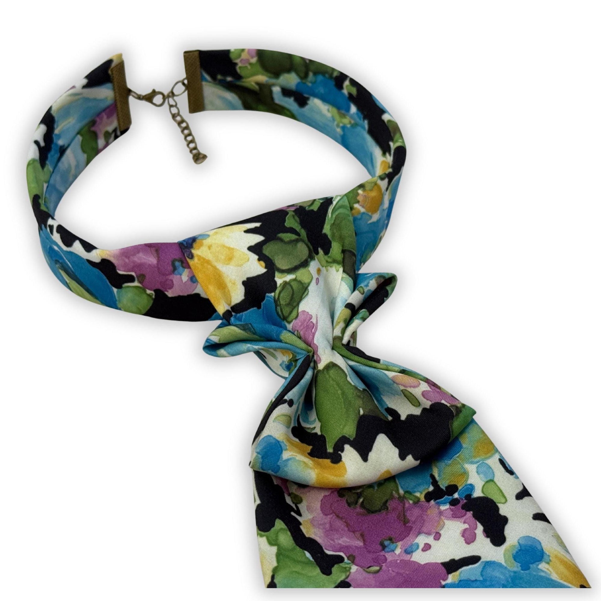 Ladies Tie - Vintage Floral Women’s Azure Blue Continental Crossover Tie - Upcycled Impressionist Painterly Necktie - handcrafted tie