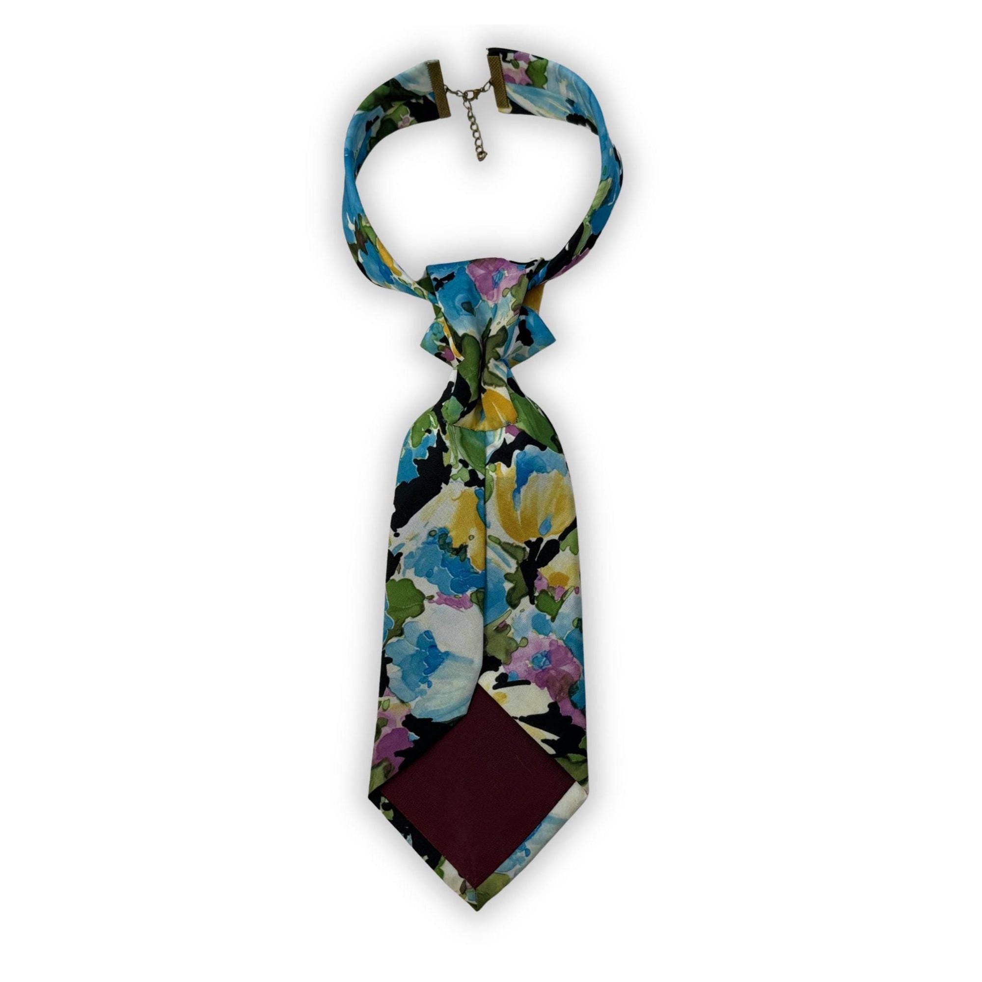 Ladies Tie - Vintage Floral Women’s Azure Blue Continental Crossover Tie - Upcycled Impressionist Painterly Necktie - handcrafted tie
