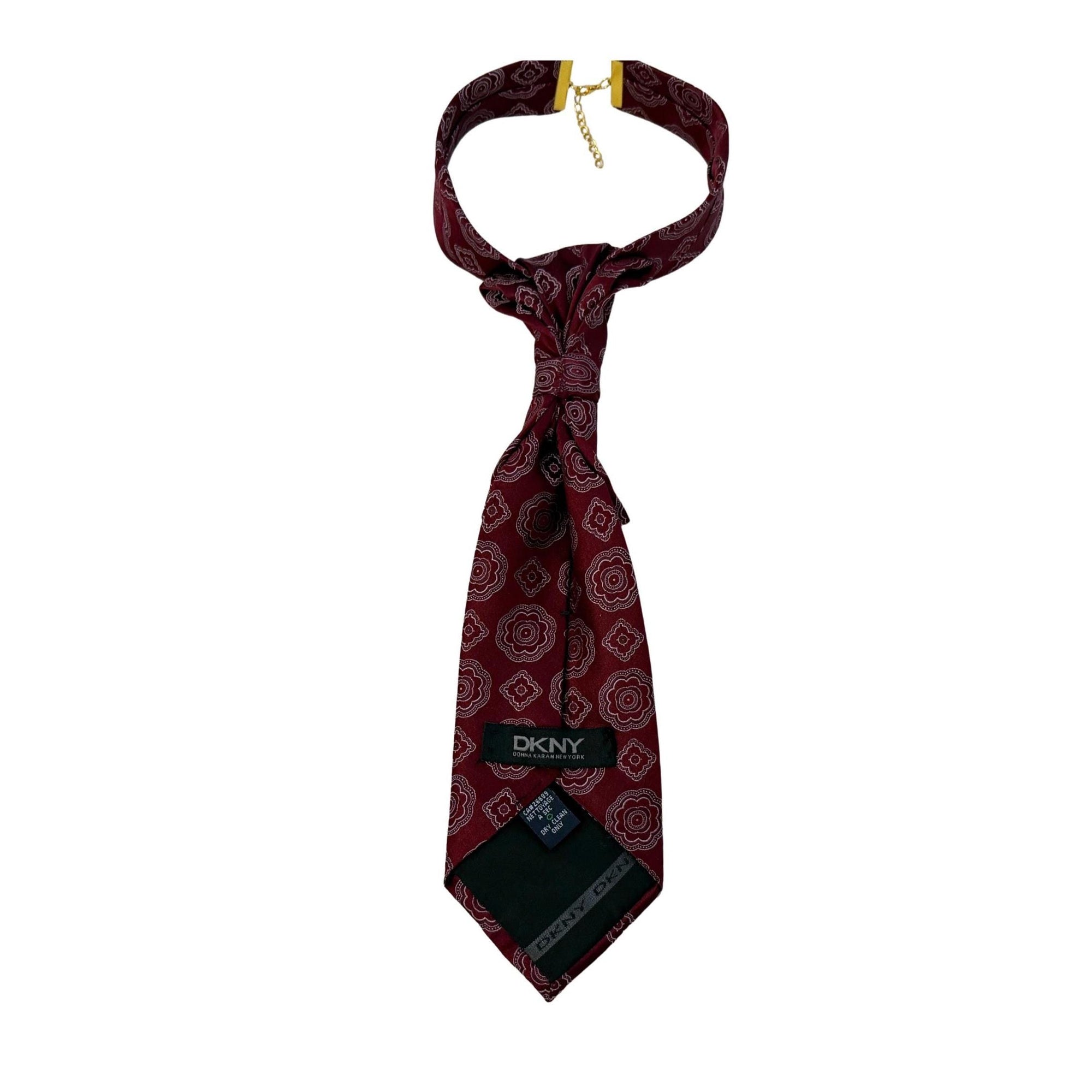 The Luxury Tie: Reworked DKNY Silk Tie - Women’s Continental Crossover Tie - Upcycled Designer Bordeaux Floral Necktie - Made in USA