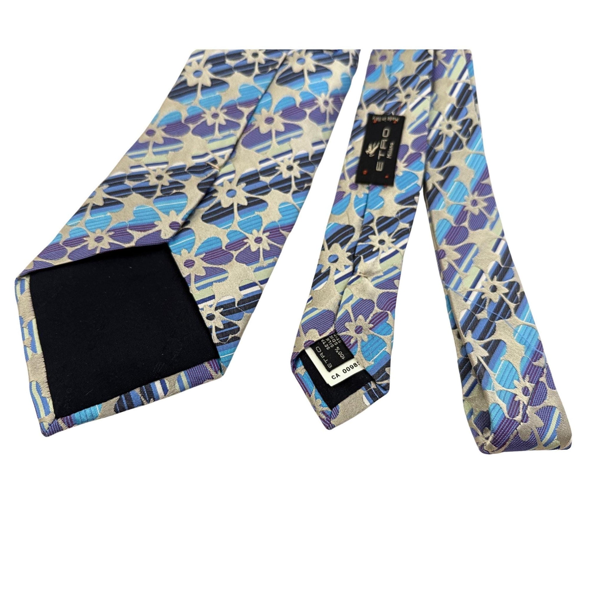Etro Milano Archival Silk Tie - Blue Striped Floral Bloom Pure silk jacquard tie  multicoloured grey floral and diagonal blue stripped motif, with label featuring the ETRO logo on the inner side - Made in Italy