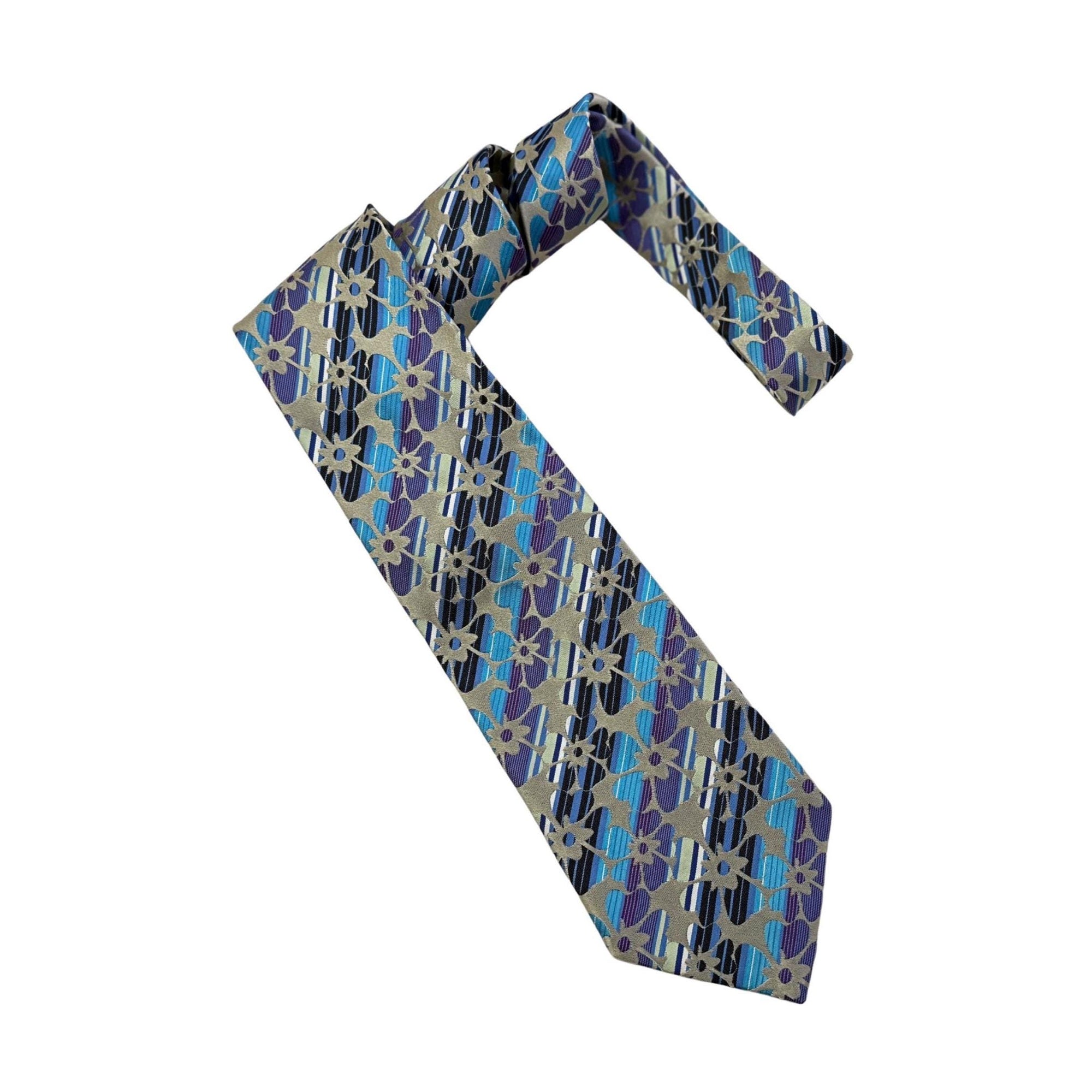 ETRO Milano Archival Silk | Striped Floral & Geometric Bloom grey silk tie ETRO tie with flowers Pure silk jacquard tie