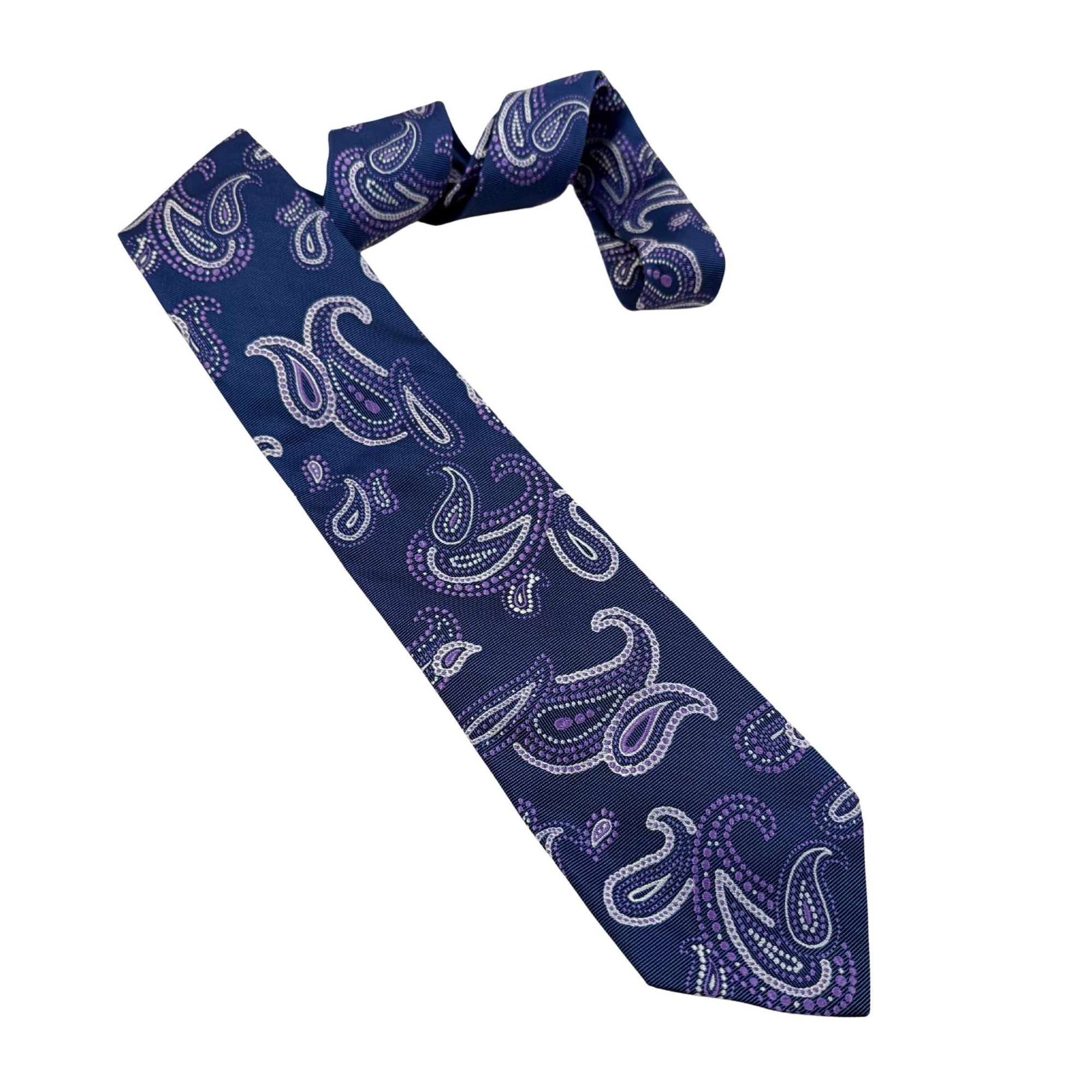 Archival Silk Tie, 8.5cm Blade, Blue Paisley Tie, Designer Silk, Luxury Men's Gift, Purple Lining Tie, Sustainable Luxury, Creative Professional, Italian Heritage, Ornamental Silk, Unique Pattern.