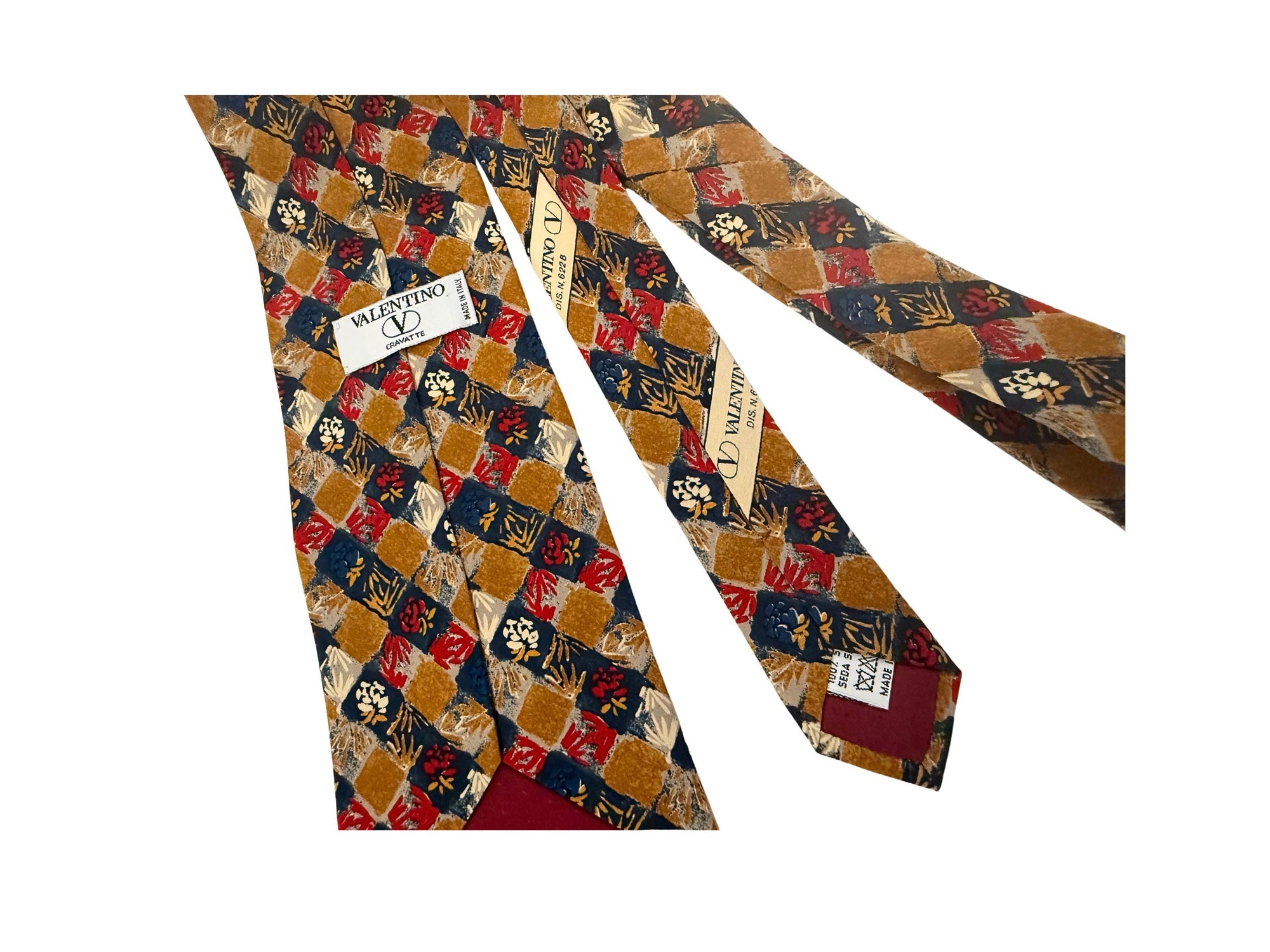 Vintage Valentino Silk Tie Ochre & Crimson Geometric Floral tie 10cm Blade Valentino tie
