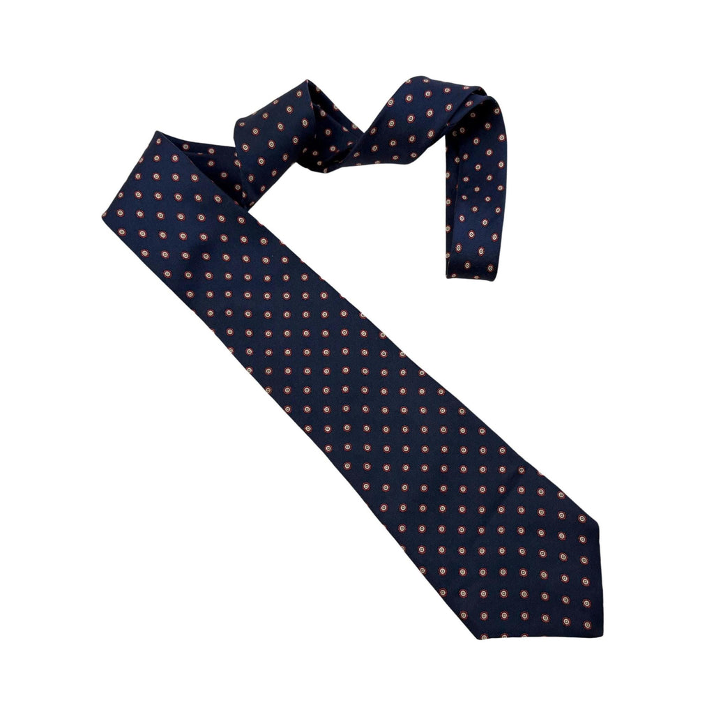 Yves Saint Laurent Archival Silk Tie - Navy & Crimson Micro-Medallion - Yves Saint Laurent, YSL Tie, Archival Silk Tie, 8cm Blade, Navy Blue Tie, Red Medallion Pattern, Designer Neckwear, Creative Professional, Sustainable Luxury, Made in France, Men's Luxury Gift, Parisian Style, Rare YSL Silk.