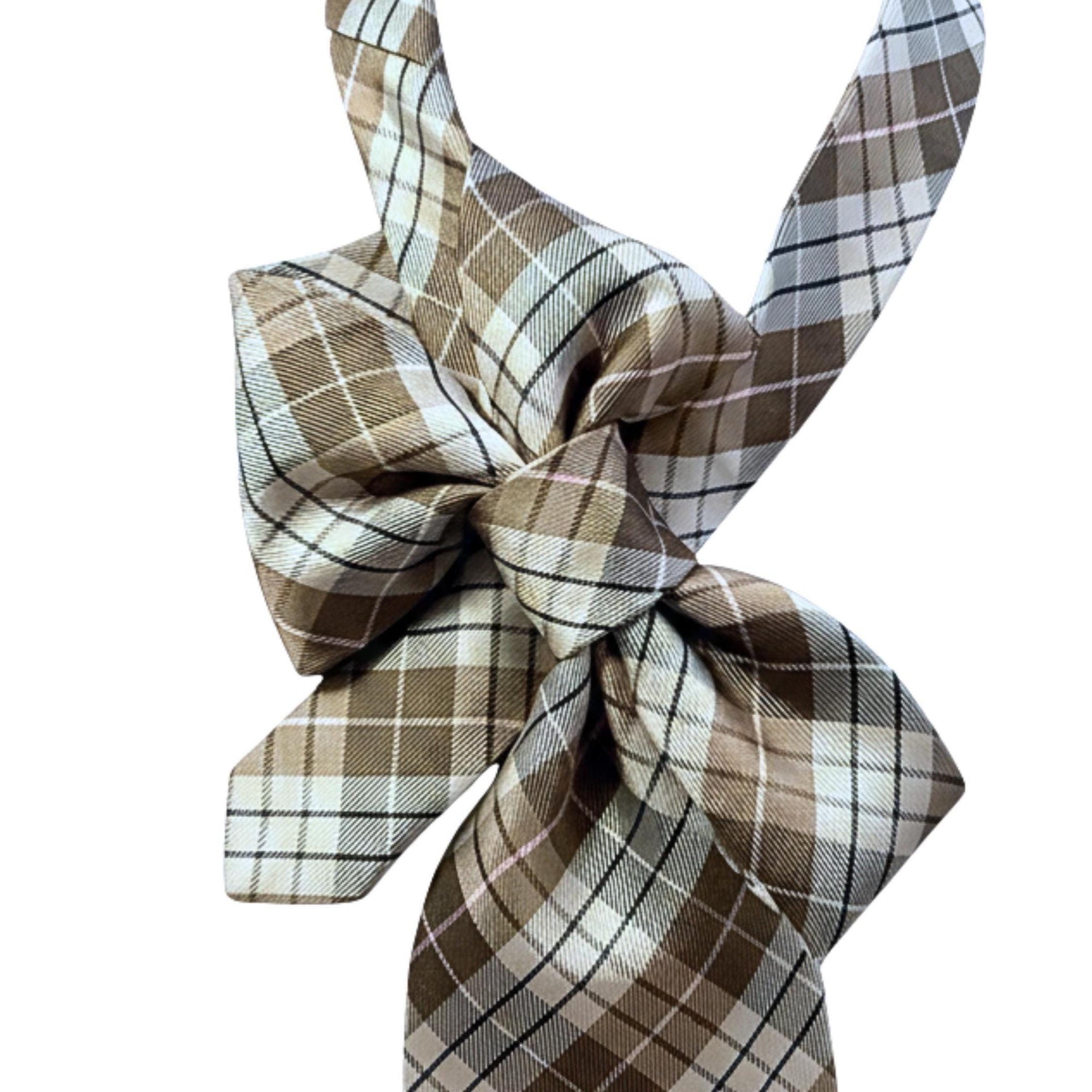 Hand-Worked Andrew Zadi Milano Silk Tie - Reworked Women's Oversized Bow Tie - Upcycled Italian Designer Plaid Necktie - Made in Italy