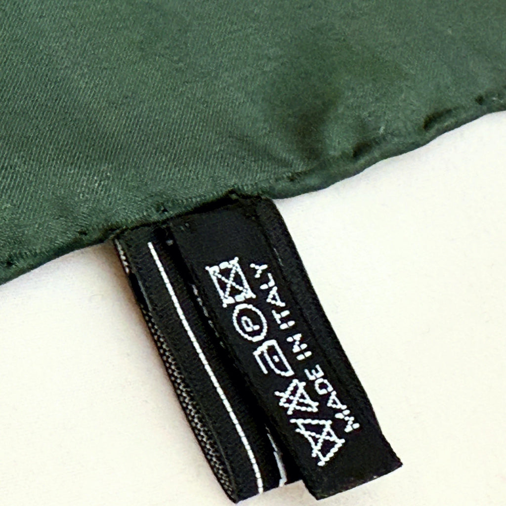 Salvatore Ferragamo silk pocket square hunter green with white print, new, pure silk