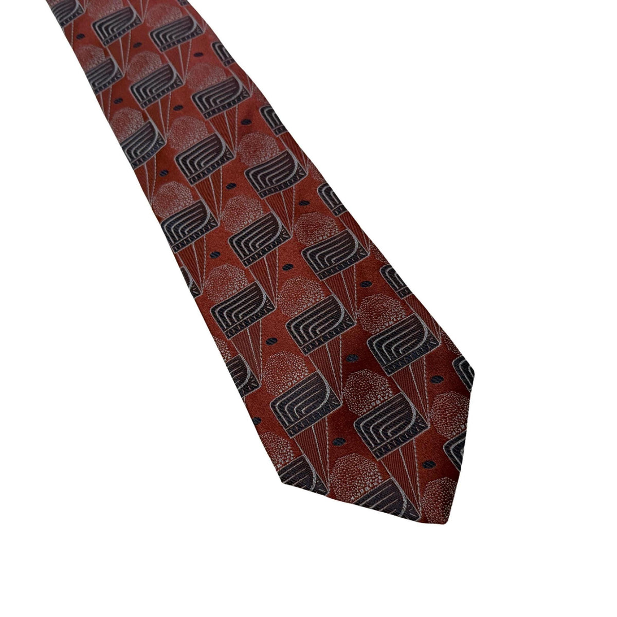 Lanvin tie - the base is a deep, sophisticated burgundy with slate and silver-charcoal accents. This is a much stronger "power" palette for an archival Lanvin piece.