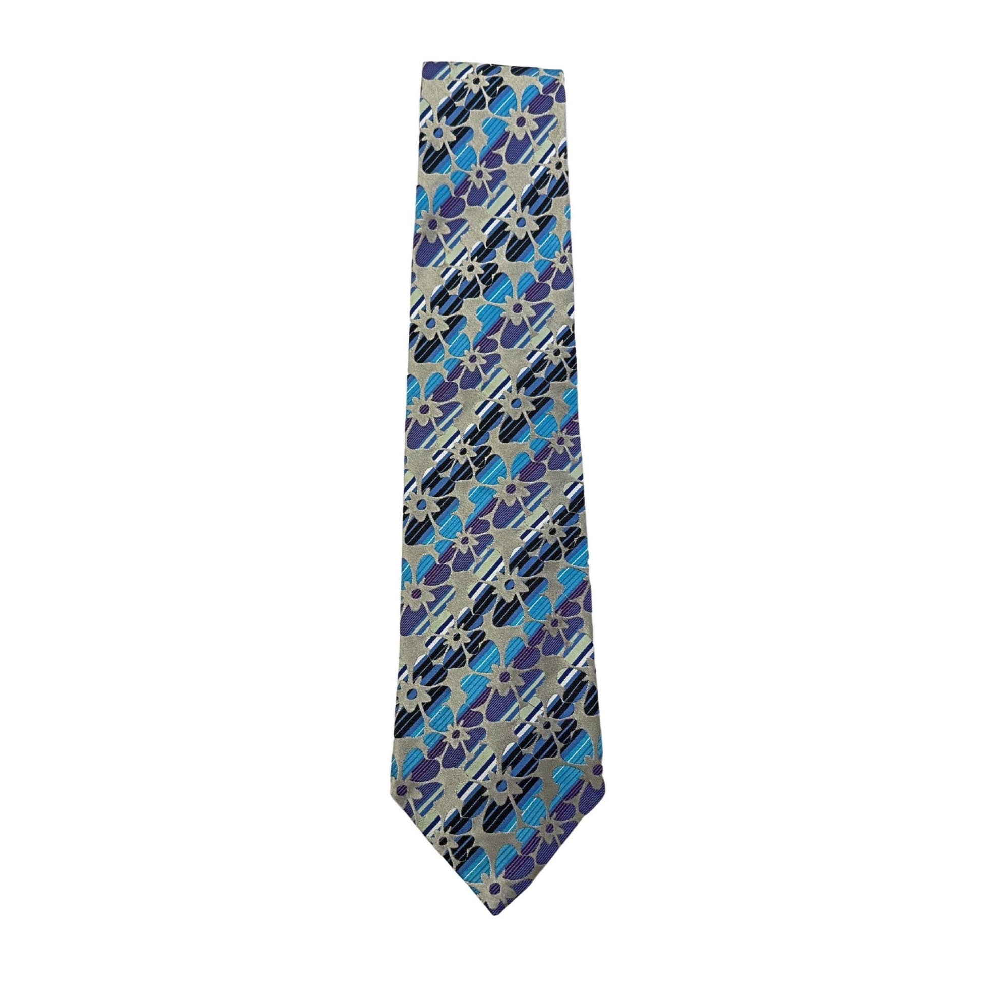 ETRO Milano Archival Silk | Striped Floral &amp; Geometric Bloom grey silk tie - ETRO Milano Archival Silk | Striped Floral & Geometric Bloom grey silk tie ETRO tie with flowers Pure silk jacquard tie