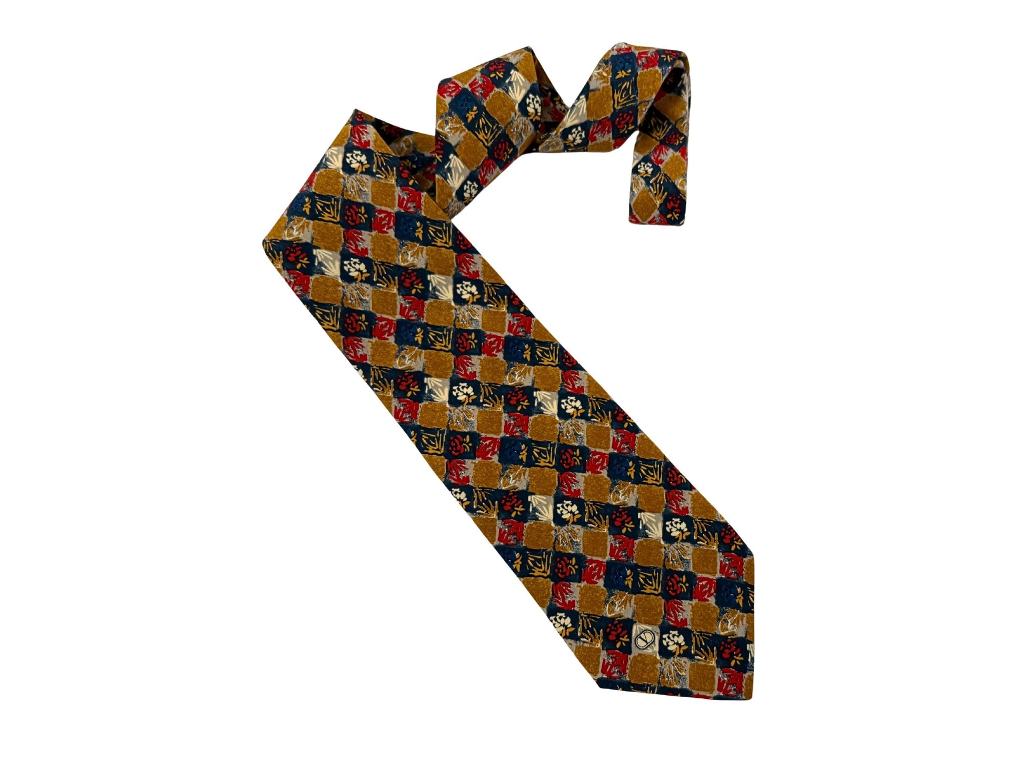 Vintage Valentino Silk Tie Ochre & Crimson Geometric Floral tie 10cm Blade Valentino tie