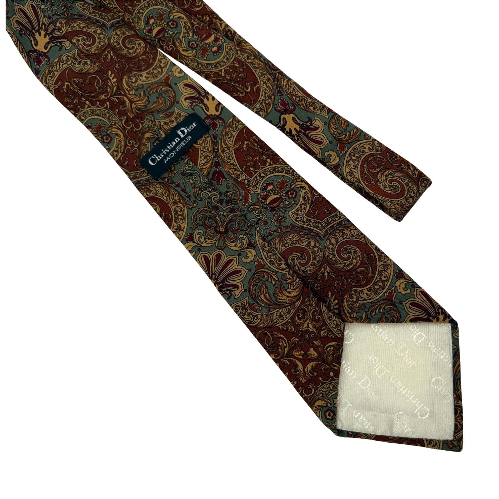 Vintage CHRISTIAN DIOR Silk Tie Muted Sage & Rust Baroque tie 10cm Blade Dior tie Christian Dior Monsieur. Detailed view of a Christian Dior vintage silk tie with sage green and copper ornate scroll pattern on a neutral background.
