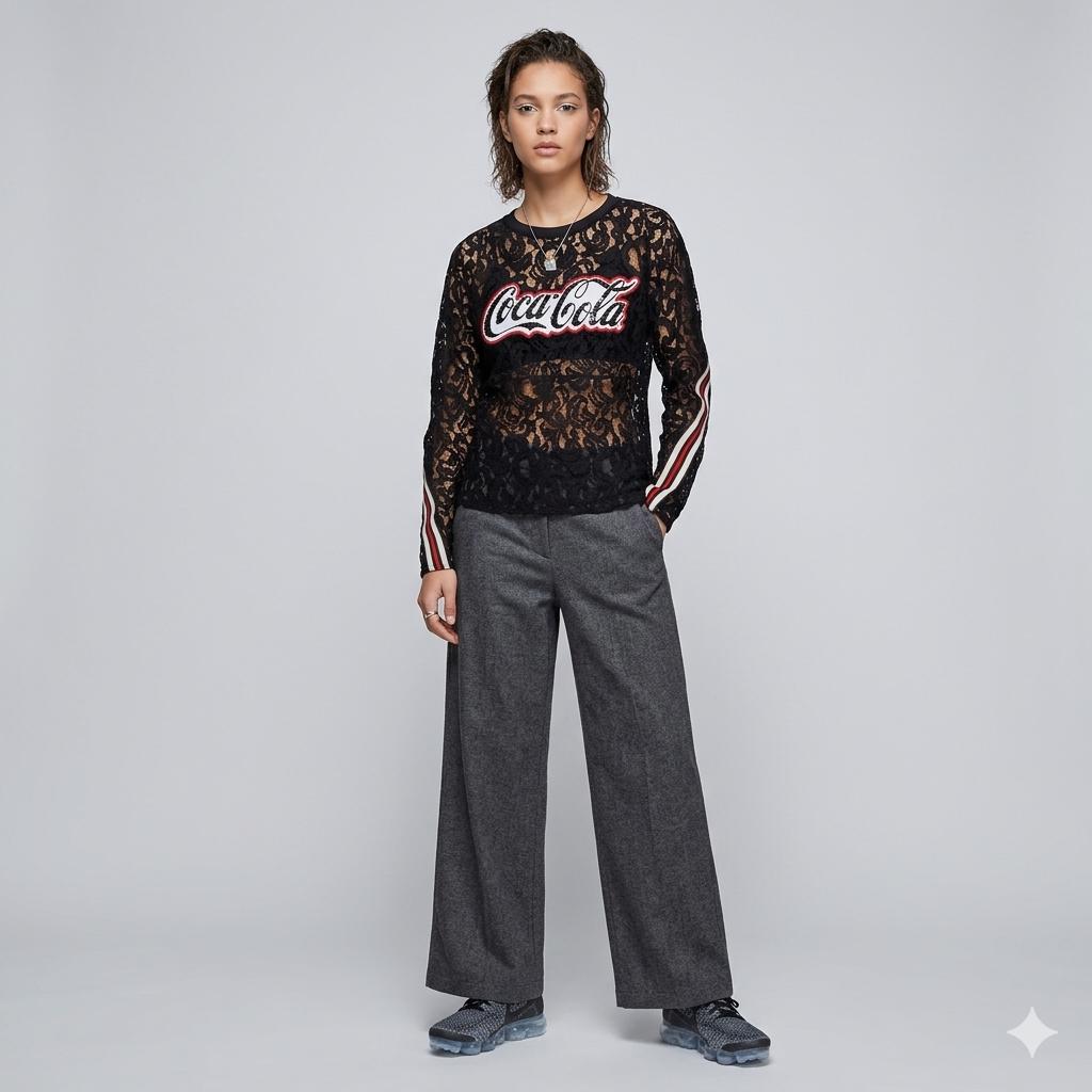 Coca Cola for Pinko Collaboration Black Lace Top - Long Sleeved, Semi-Sheer, Size Medium
Discover a unique blend of quirkiness and sophistication with our Coca Cola for Pinko Collaboration Black Lace Top