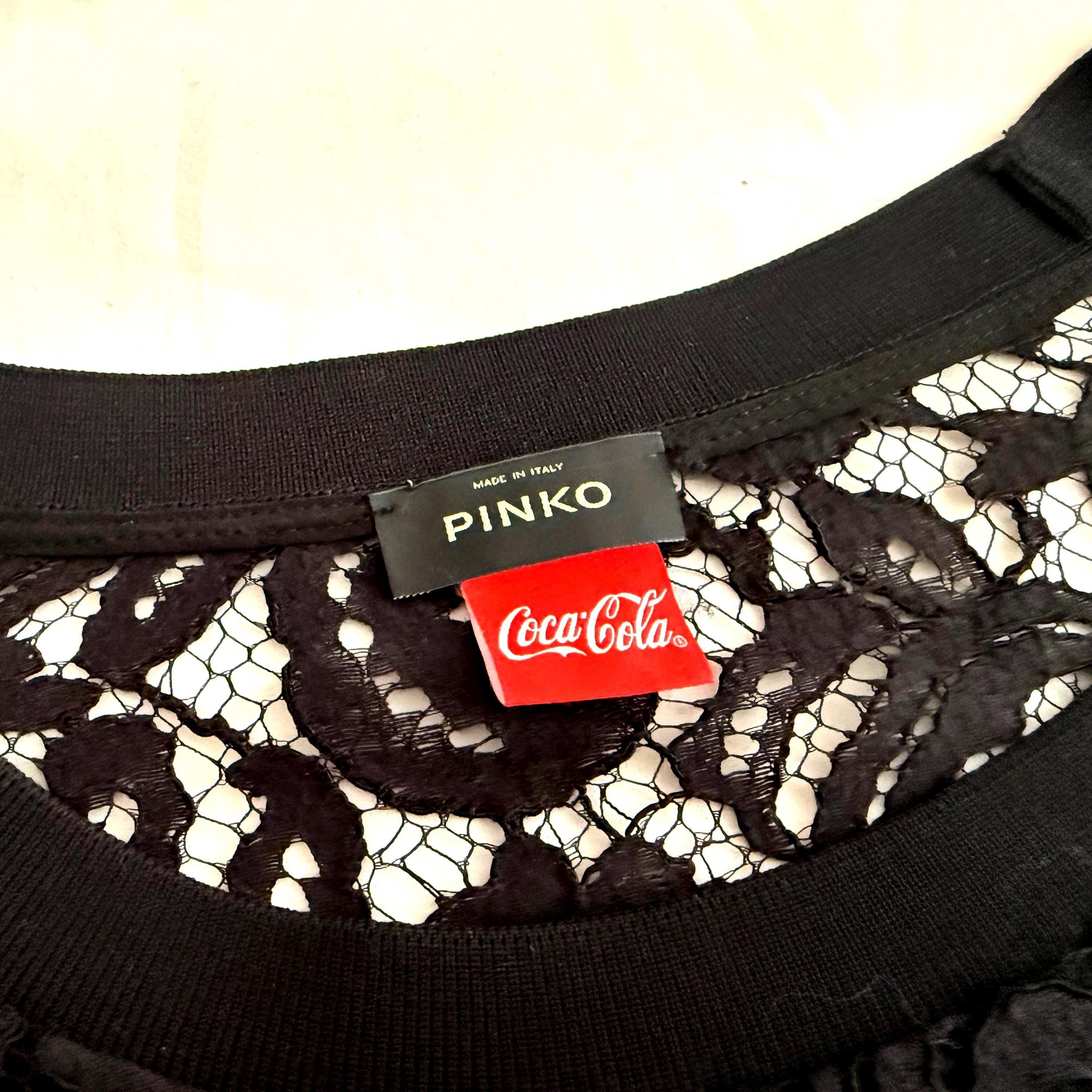 PINKO x Coca-Cola Collaboration - Italian Lace Logo Top Coca Cola log sleeve Top – Made in Italy, Size Med