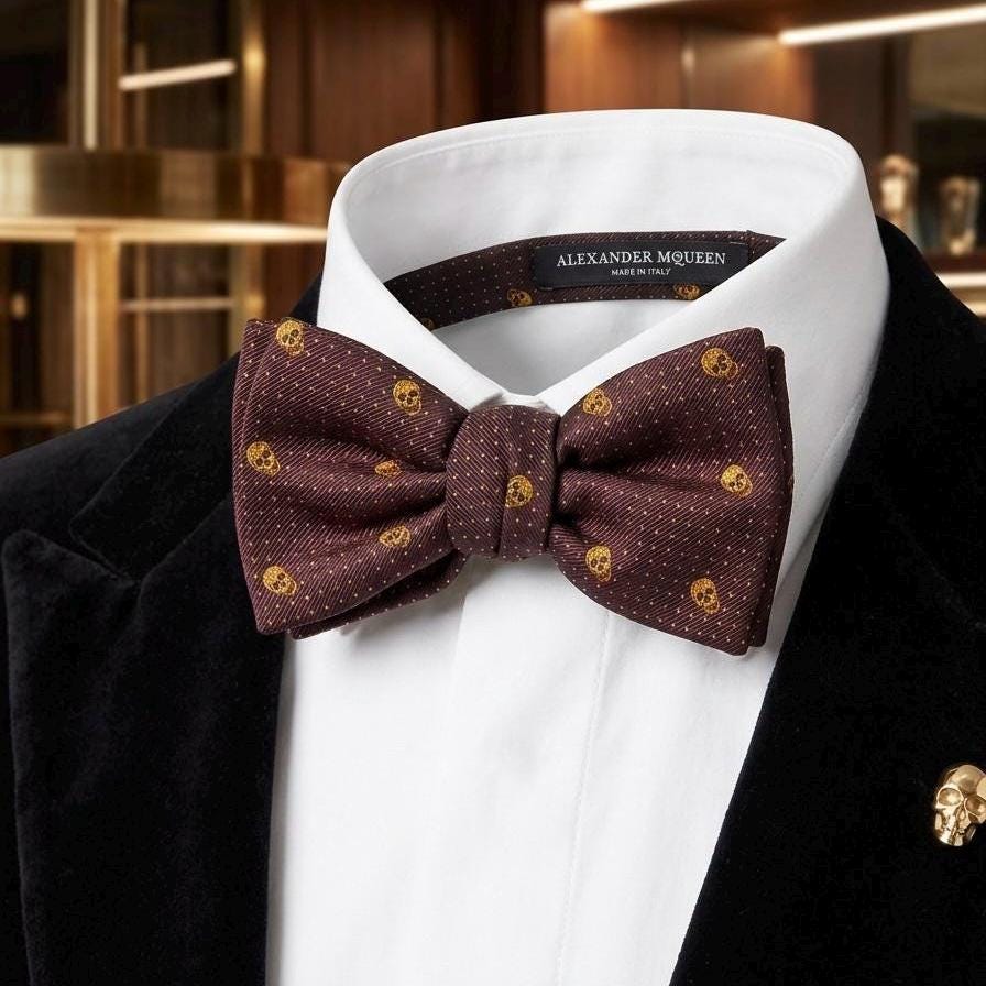 Elevate your formal attire with this Alexander McQueen woven silk bow tie. Features the iconic gold skull print on a burgundy backdrop. Made in Italy. Very good condition.