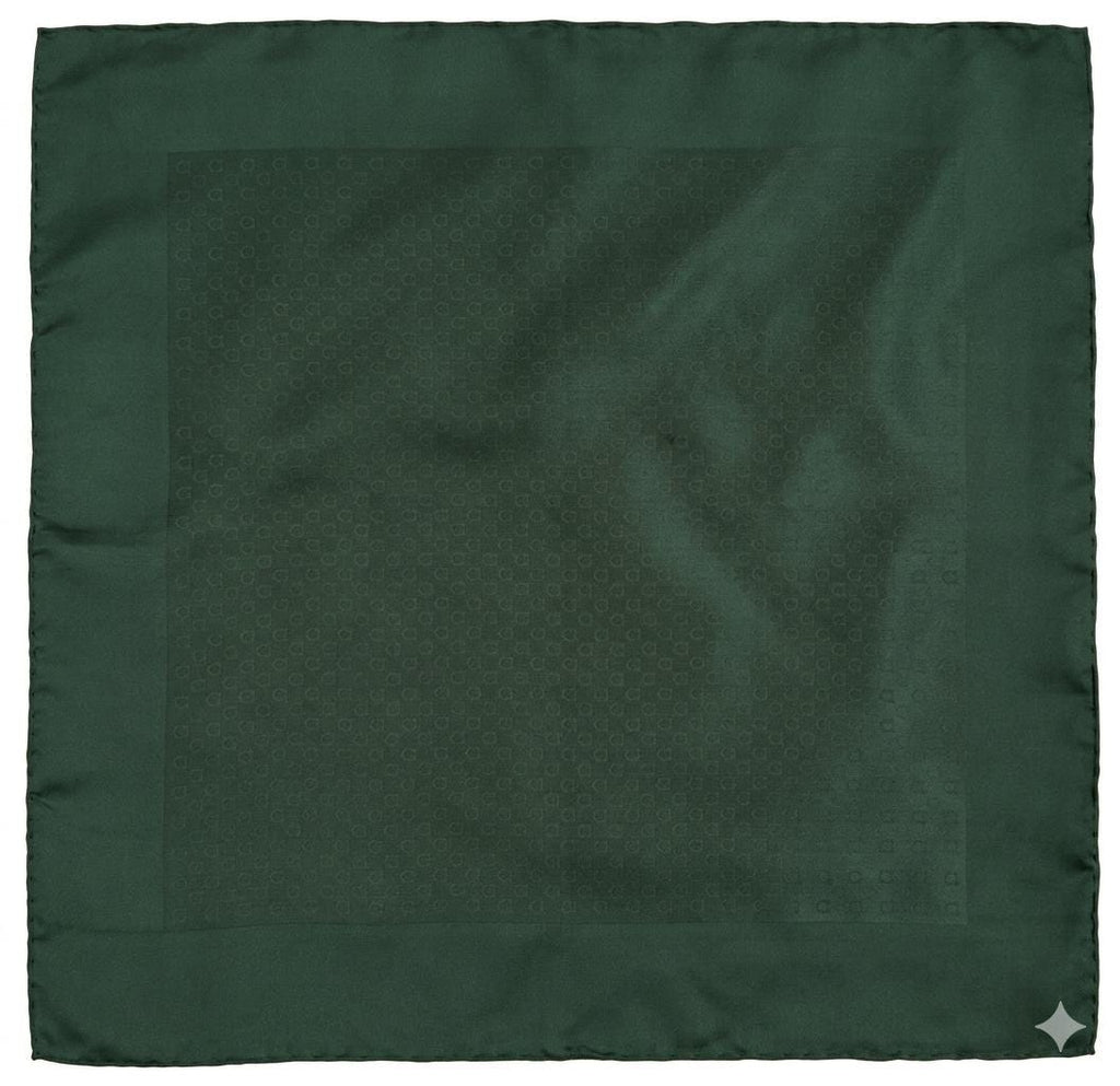 Salvatore Ferragamo Silk Pocket Square – New - Hunter Green & White Print, Hand-Rolled Edges, 41cm, Made in Italy