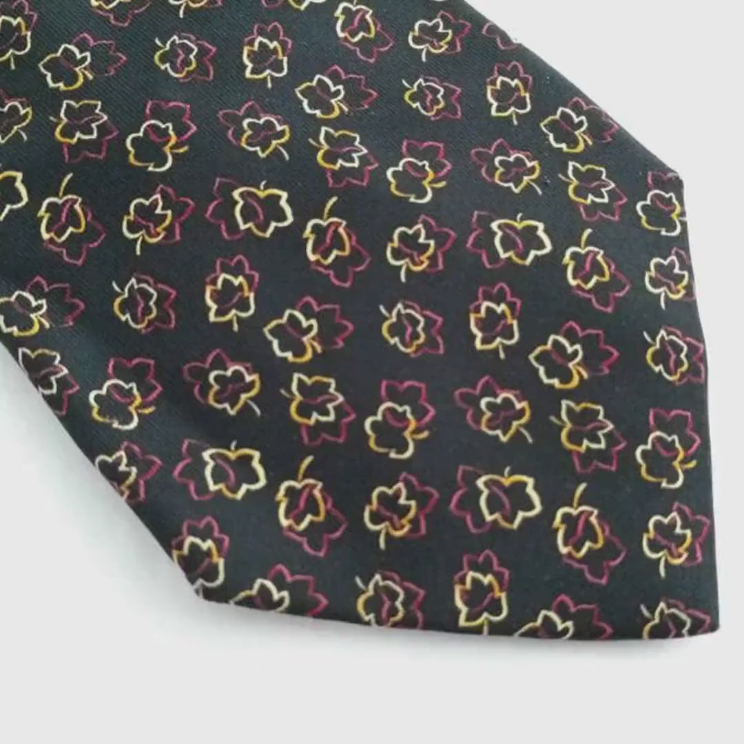 Salvatore Ferragamo Men’s Silk Tie – Black with Leaf Print, 100% Silk, Made in Italy, Luxury Designer Tie
