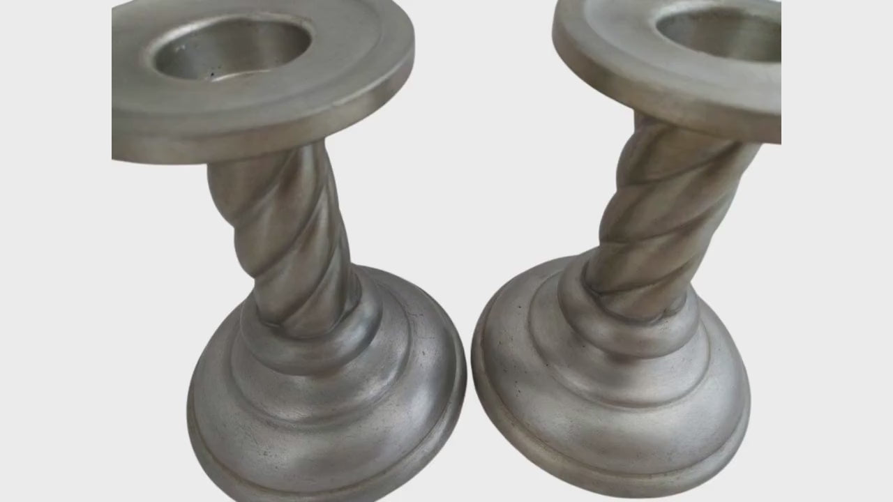 Rare Vintage Savo Tinn Pewter Candle Holders – Nordic Scandinavian Brutalist Design, Twisted Foot, 5.5" Tall, Made in Norway